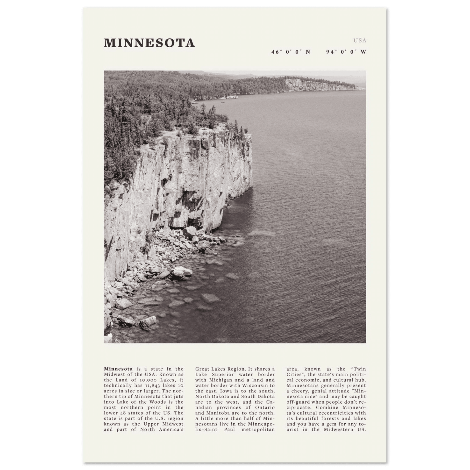 Minnesota Poster | Black & White Lake Superior Wall Art | USA Nature Travel Print - Evergreen Posters