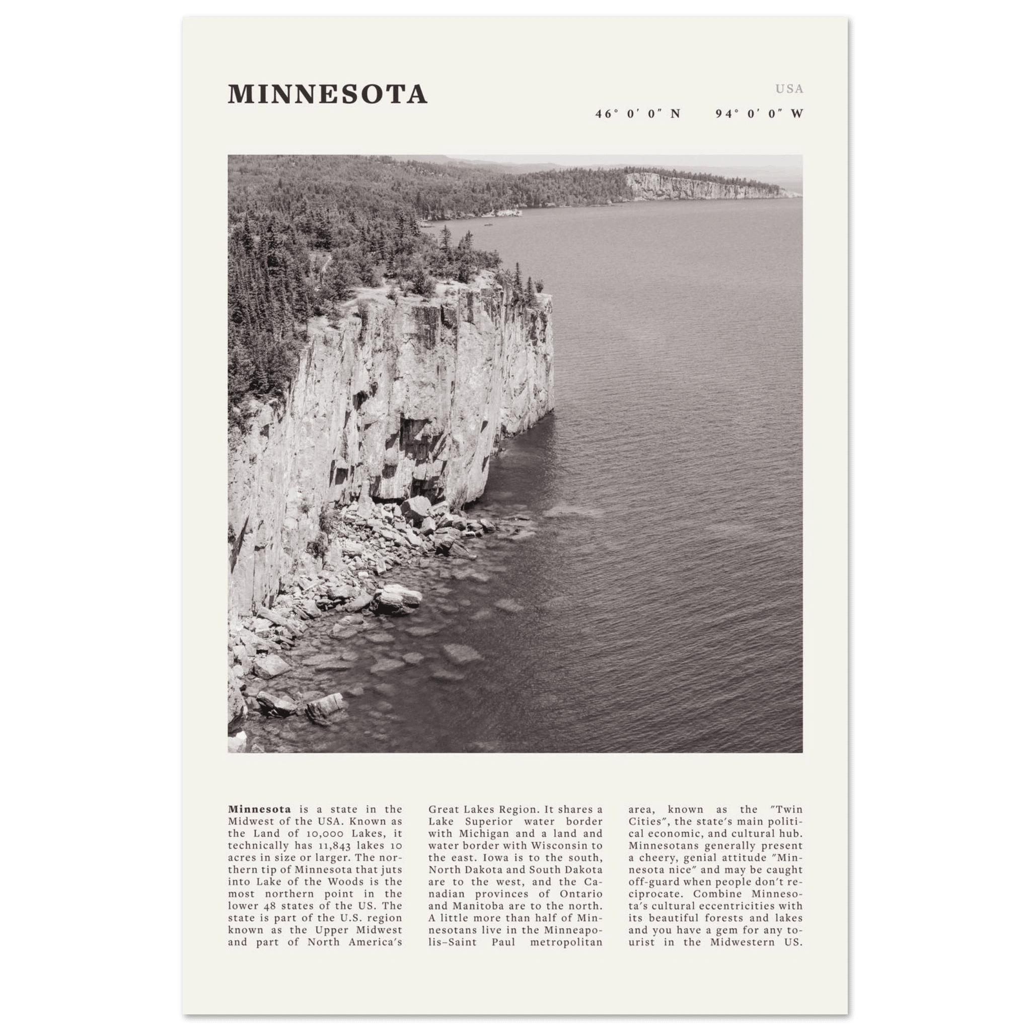 Minnesota Poster | Black & White Lake Superior Wall Art | USA Nature Travel Print - Evergreen Posters