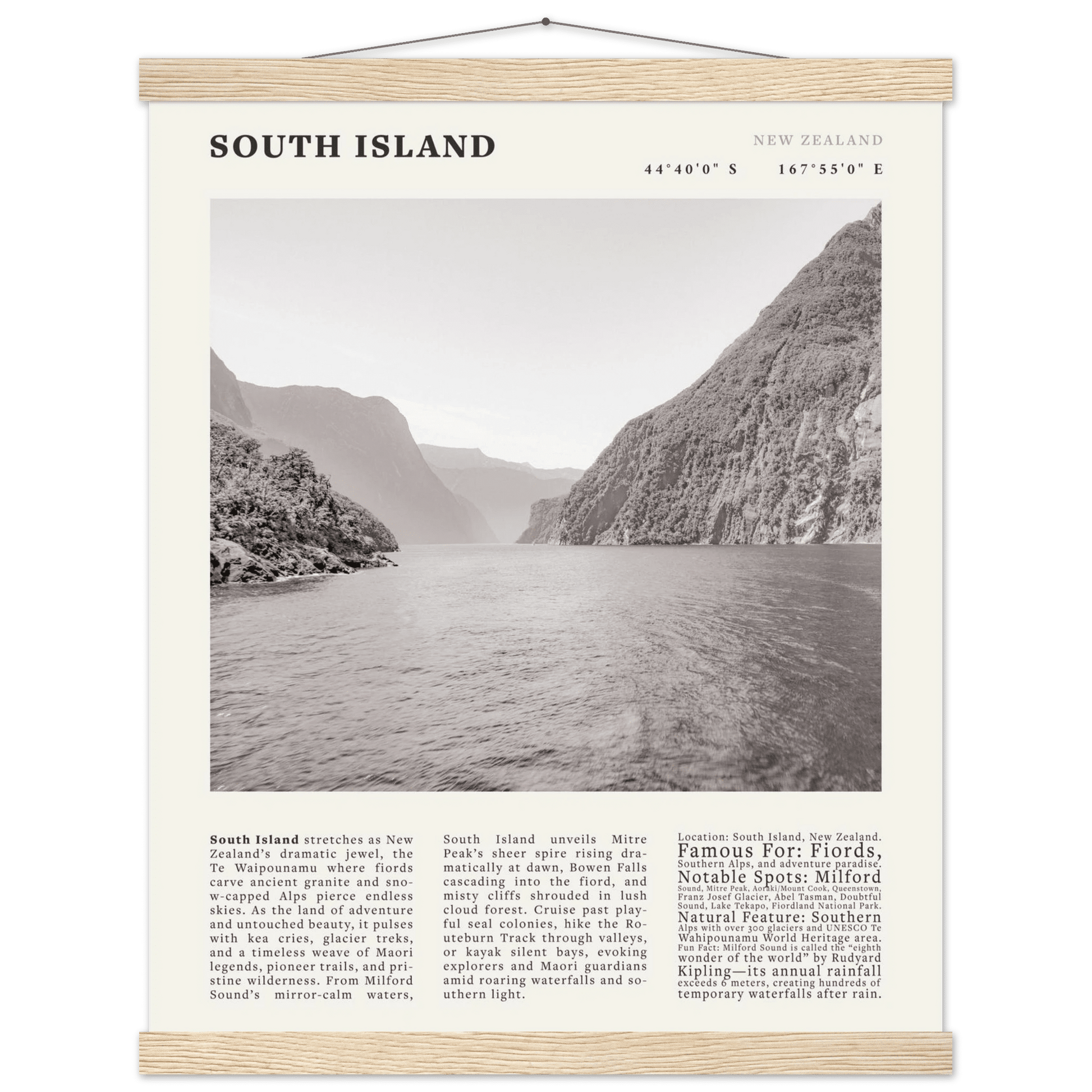 South Island New Zealand Poster Black and White – Vintage Milford Sound Fjord Print - Evergreen Posters