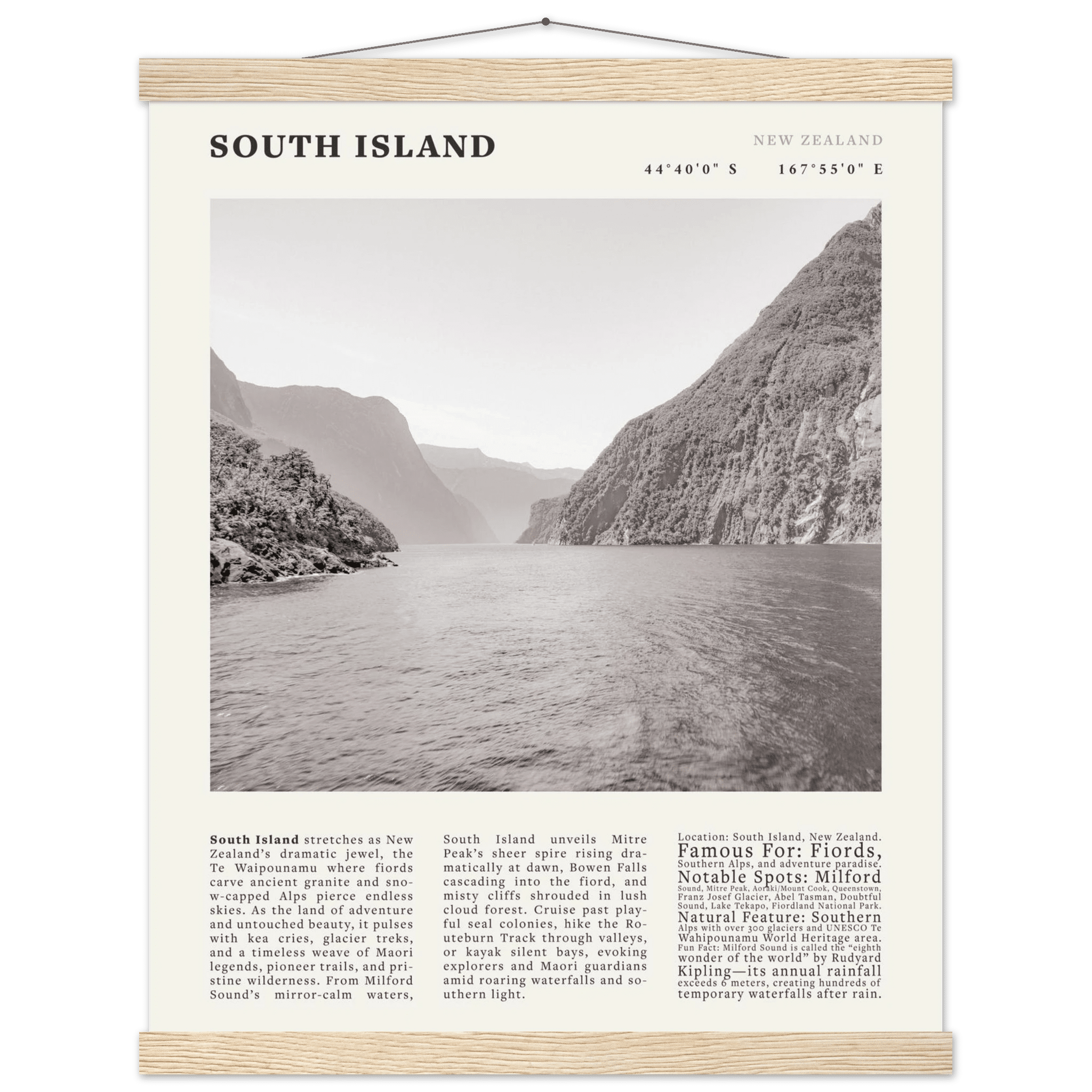 South Island New Zealand Poster Black and White – Vintage Milford Sound Fjord Print - Evergreen Posters