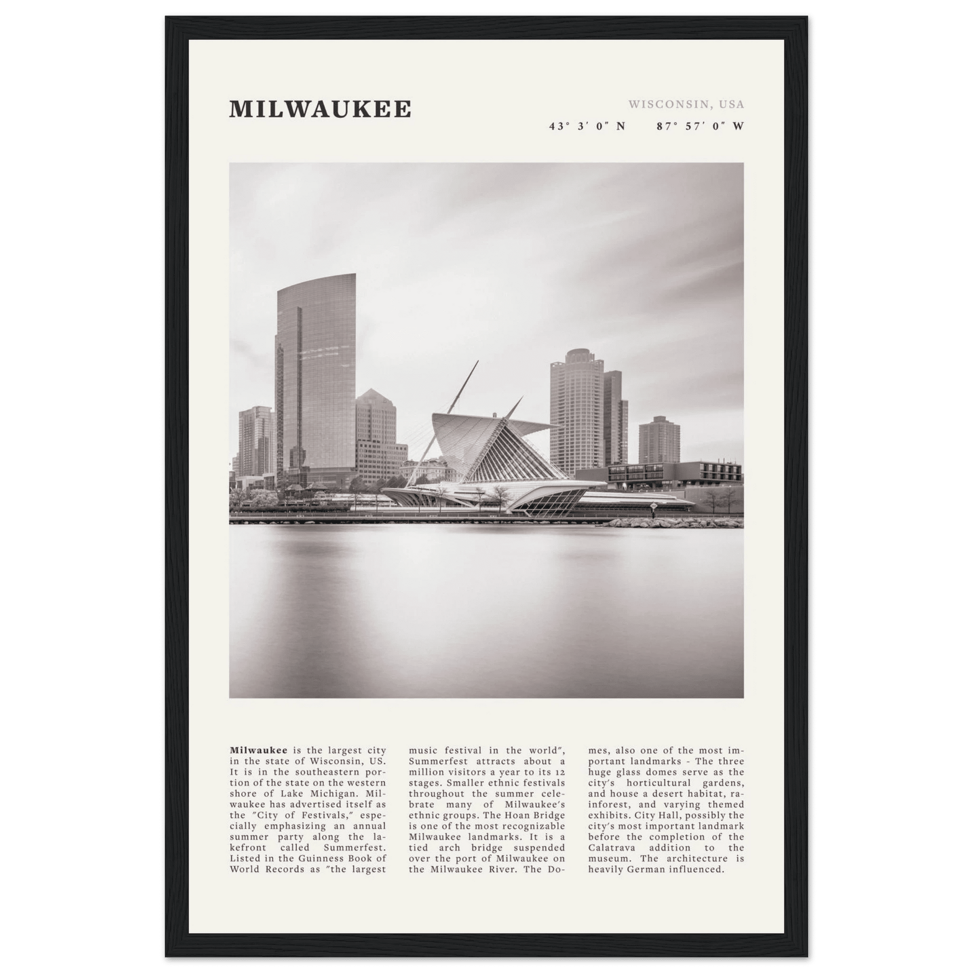 Milwaukee Poster | Black & White Wisconsin City Wall Art | USA Travel Print - Evergreen Posters