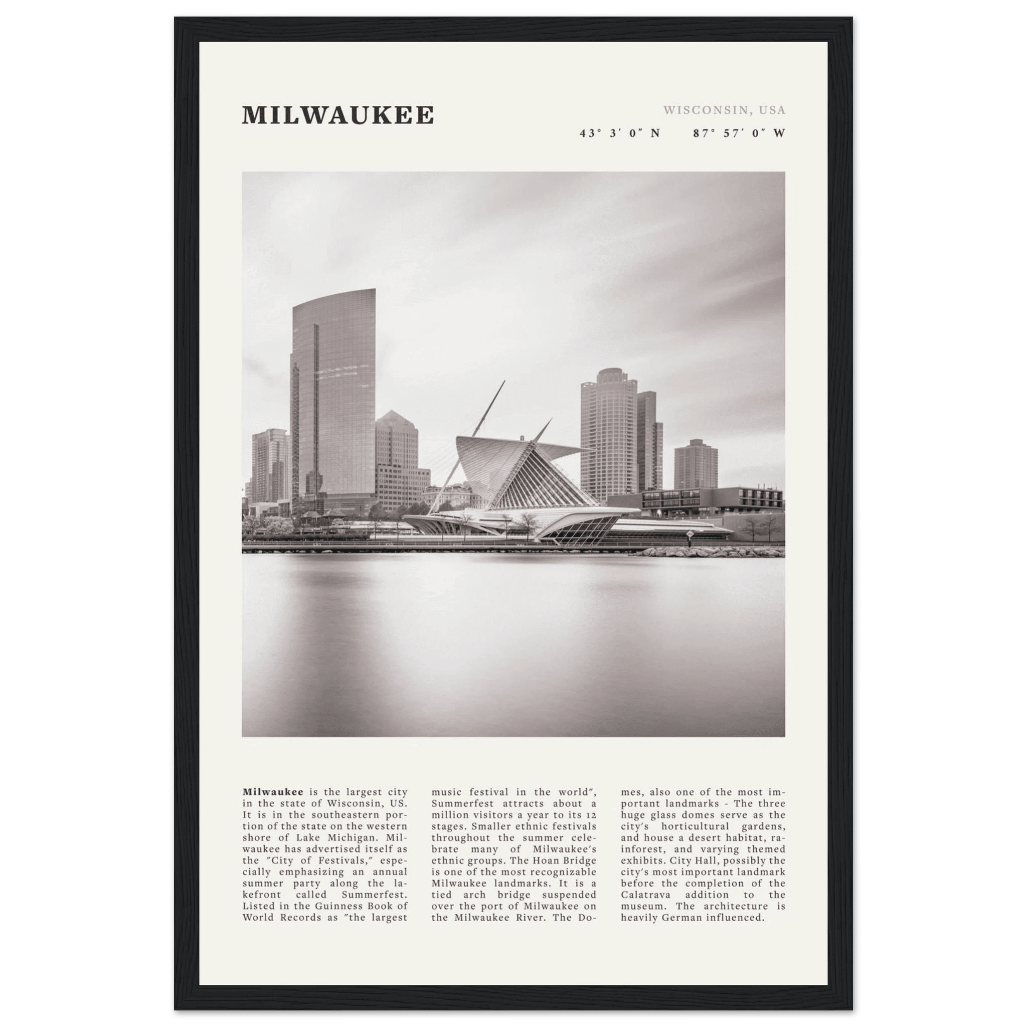 Milwaukee Poster | Black & White Wisconsin City Wall Art | USA Travel Print - Evergreen Posters