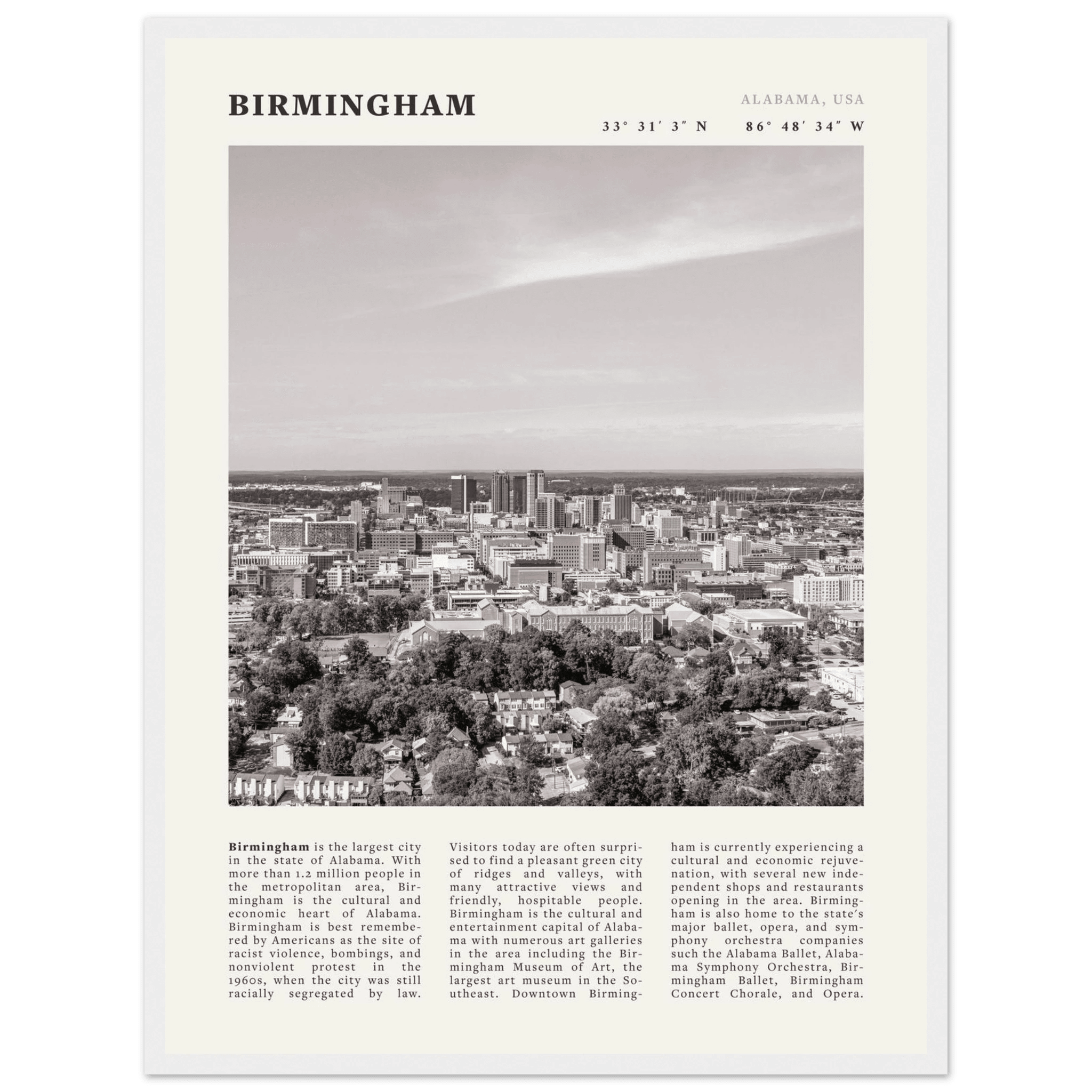 Birmingham Poster | Black & White Alabama Skyline Wall Art | AL Travel Print - Evergreen Posters