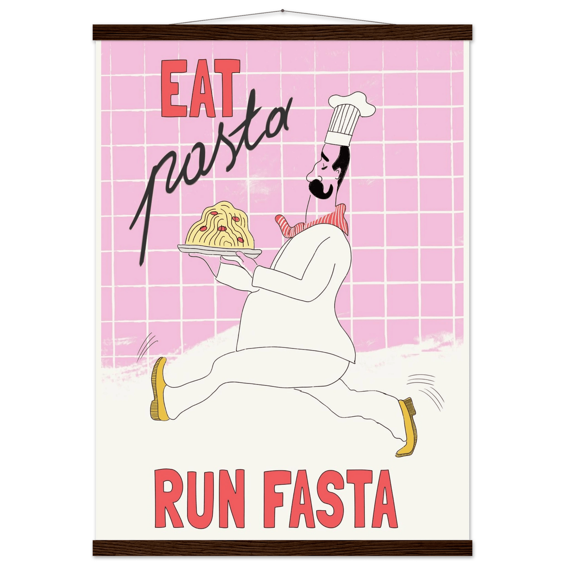 Eat Pasta Run Fasta Poster – Playful Kitchen Wall Art Print (Light Pink) - Evergreen Posters