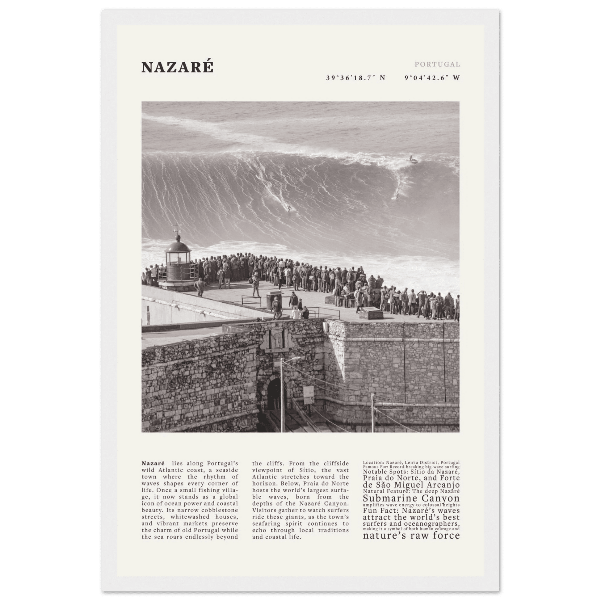 Nazaré Portugal Poster Black and White – Vintage Big Waves Surf Print (Digital & Printed Options) - Evergreen Posters
