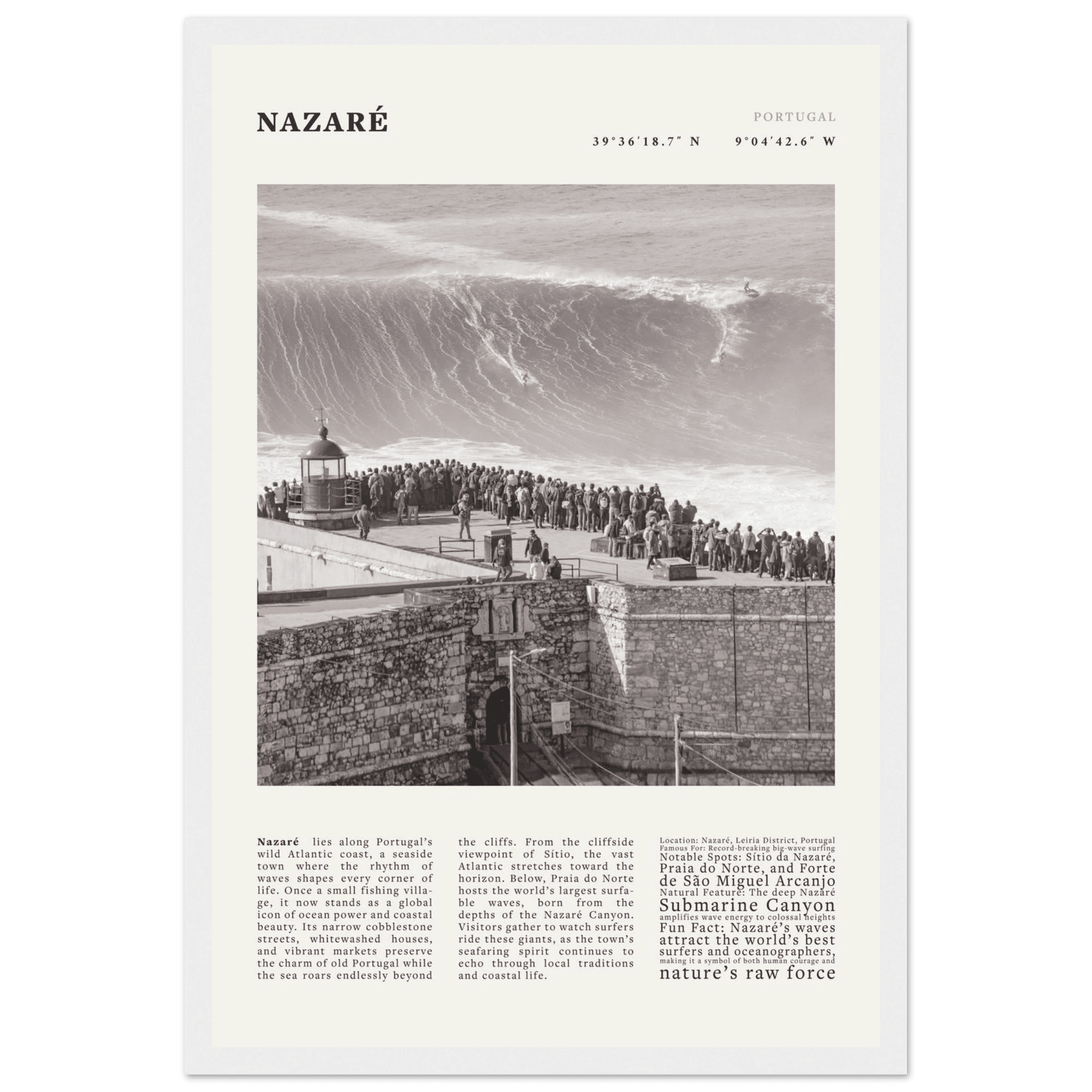 Nazaré Portugal Poster Black and White – Vintage Big Waves Surf Print (Digital & Printed Options) - Evergreen Posters