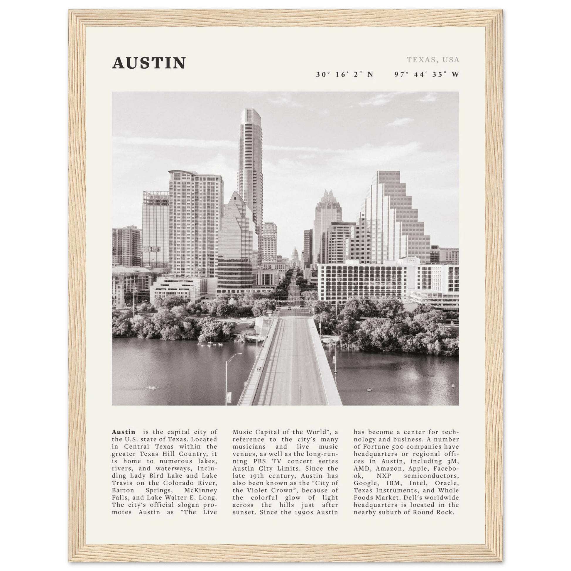 Austin Poster | Black & White Texas Skyline Wall Art | City Travel Print Decor - Evergreen Posters