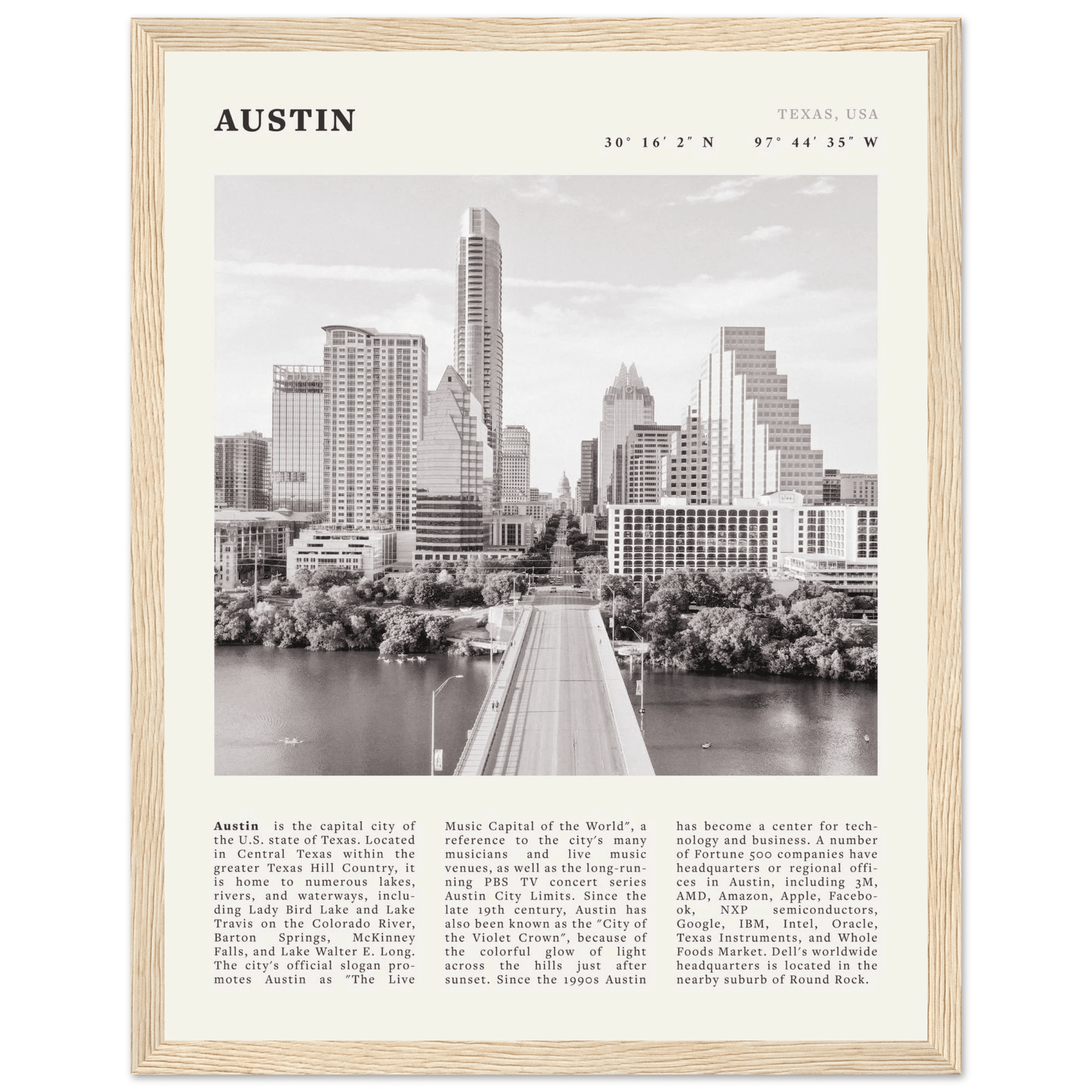 Austin Poster | Black & White Texas Skyline Wall Art | City Travel Print Decor - Evergreen Posters