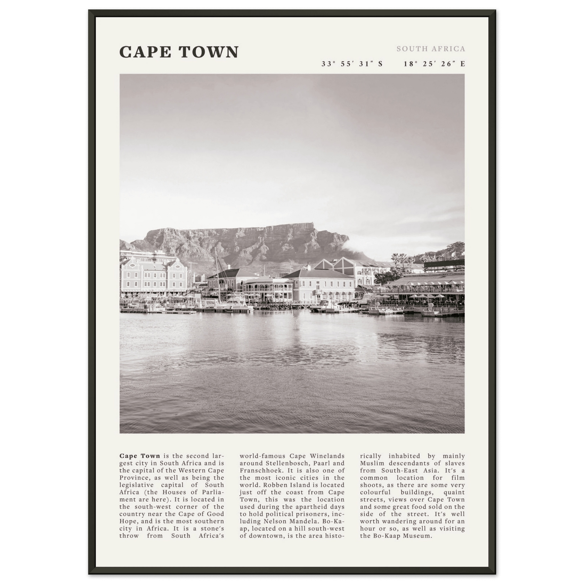 Cape Town Poster | Black & White Table Mountain Wall Art | South Africa Travel Print - Evergreen Posters