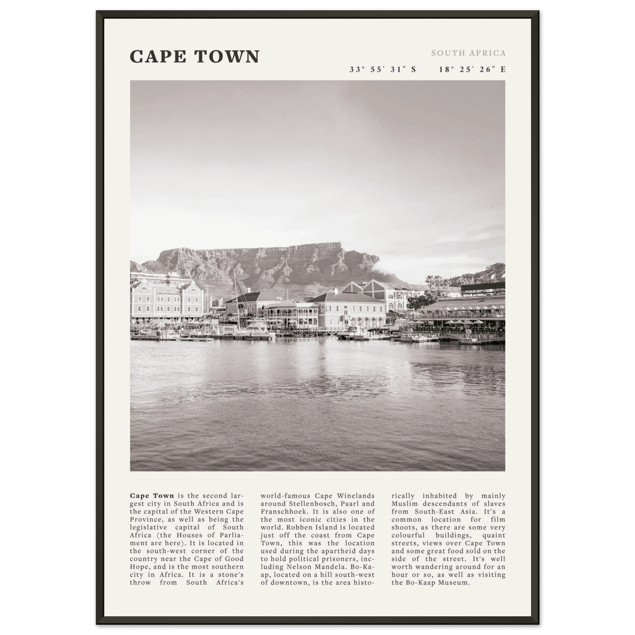 Cape Town Poster | Black & White Table Mountain Wall Art | South Africa Travel Print - Evergreen Posters