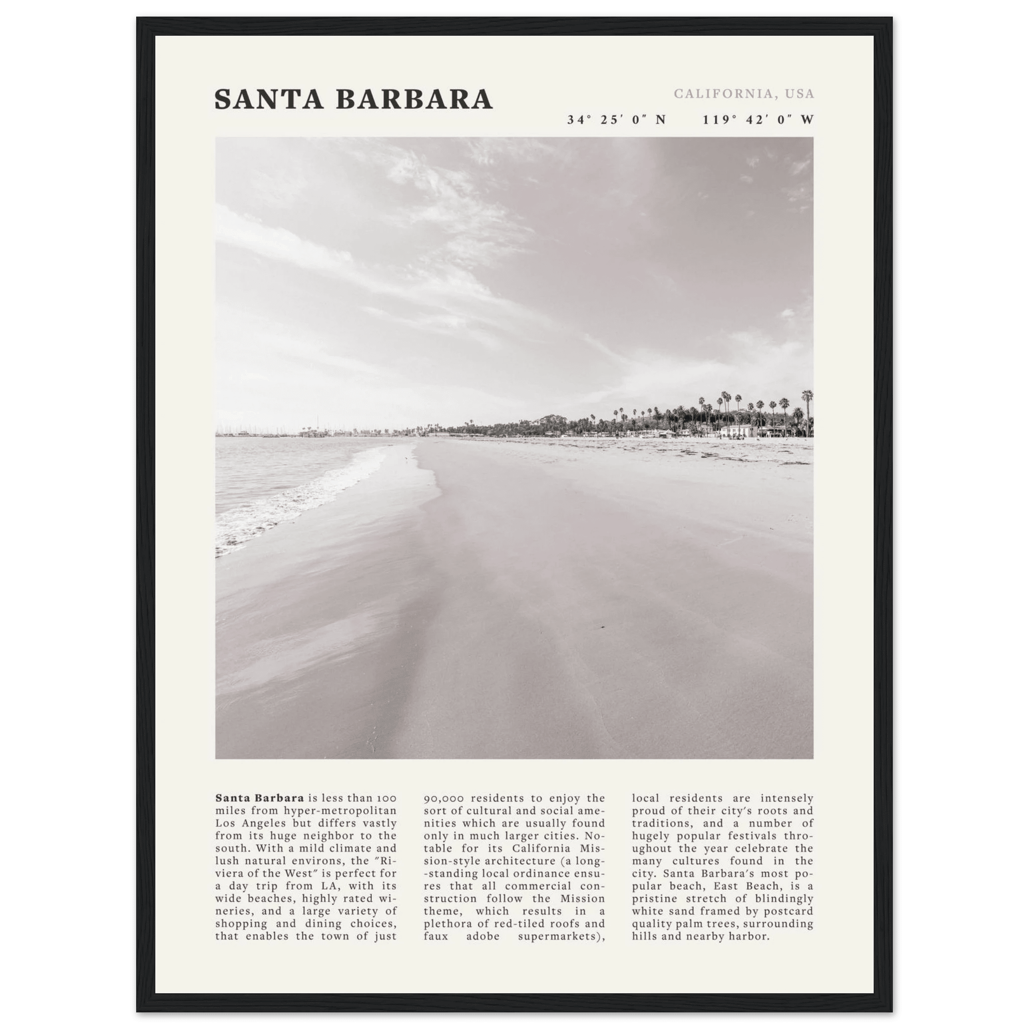 Santa Barbara Poster | Black & White California Beach Wall Art | CA Travel Print - Evergreen Posters