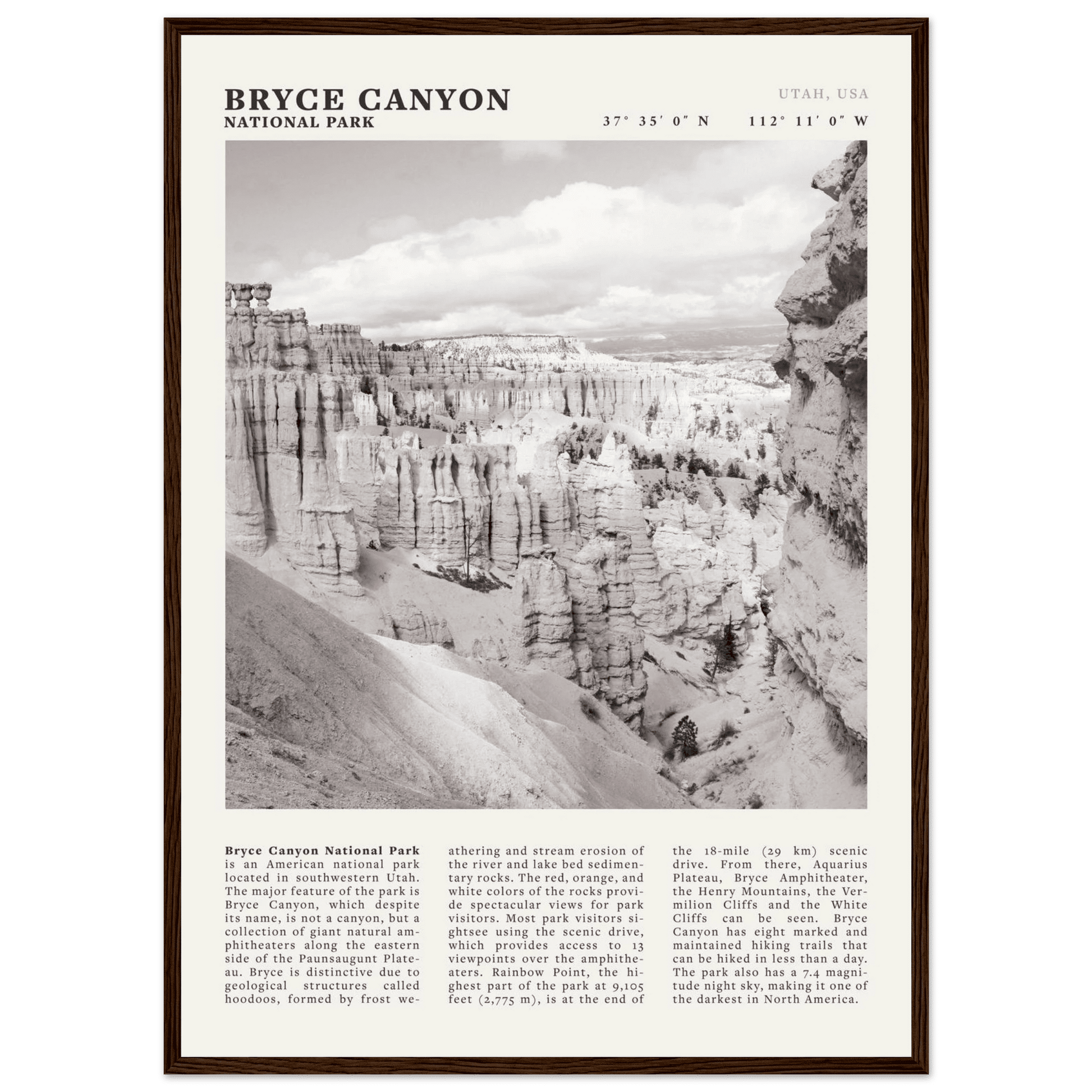 Bryce Canyon National Park Poster | Black & White Utah Hoodoos Wall Art Print - Evergreen Posters - 26