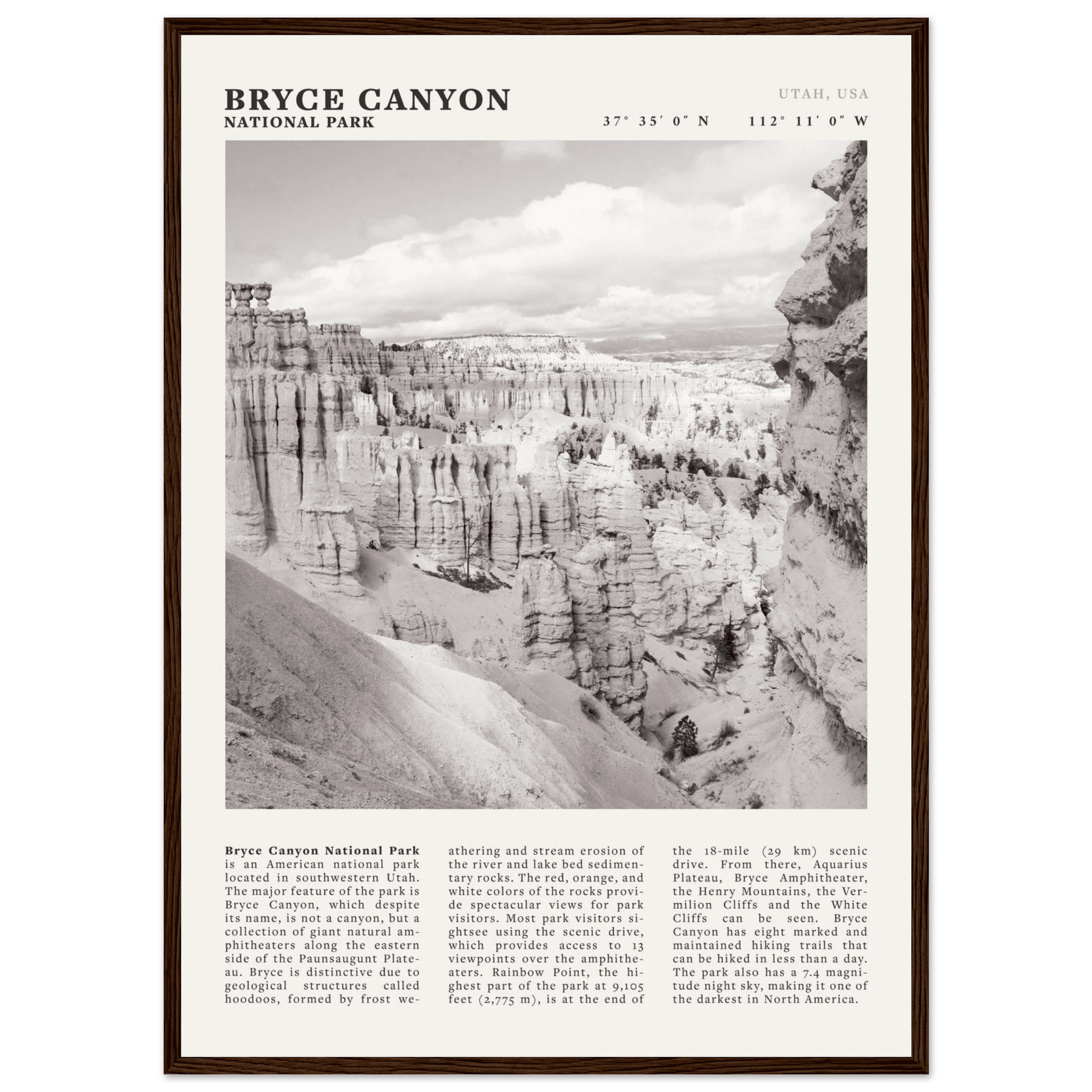 Bryce Canyon National Park Poster | Black & White Utah Hoodoos Wall Art Print - Evergreen Posters - 26
