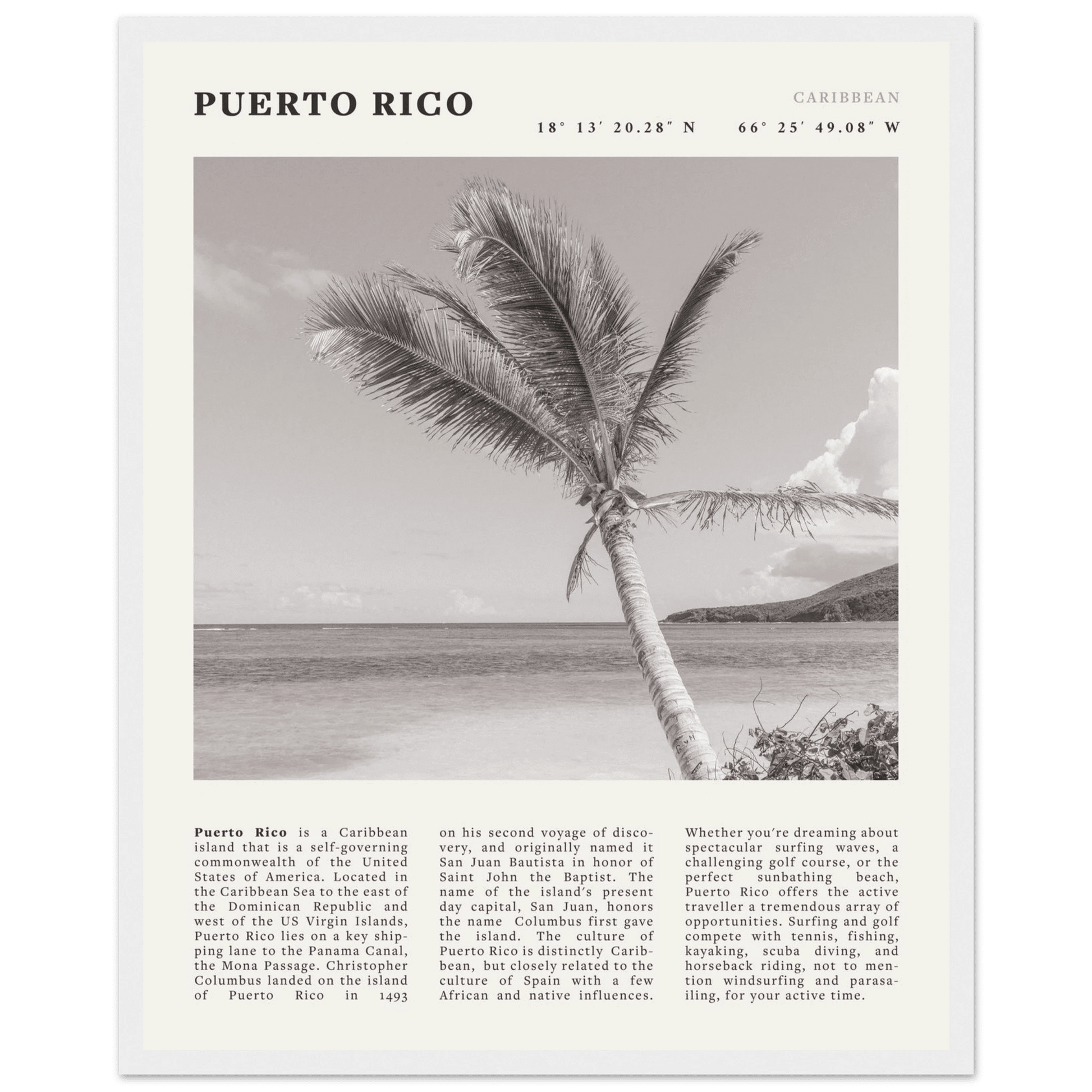 Puerto Rico Poster Black and White – Vintage Caribbean Palm Beach Print (Digital & Printed Options) - Evergreen Posters