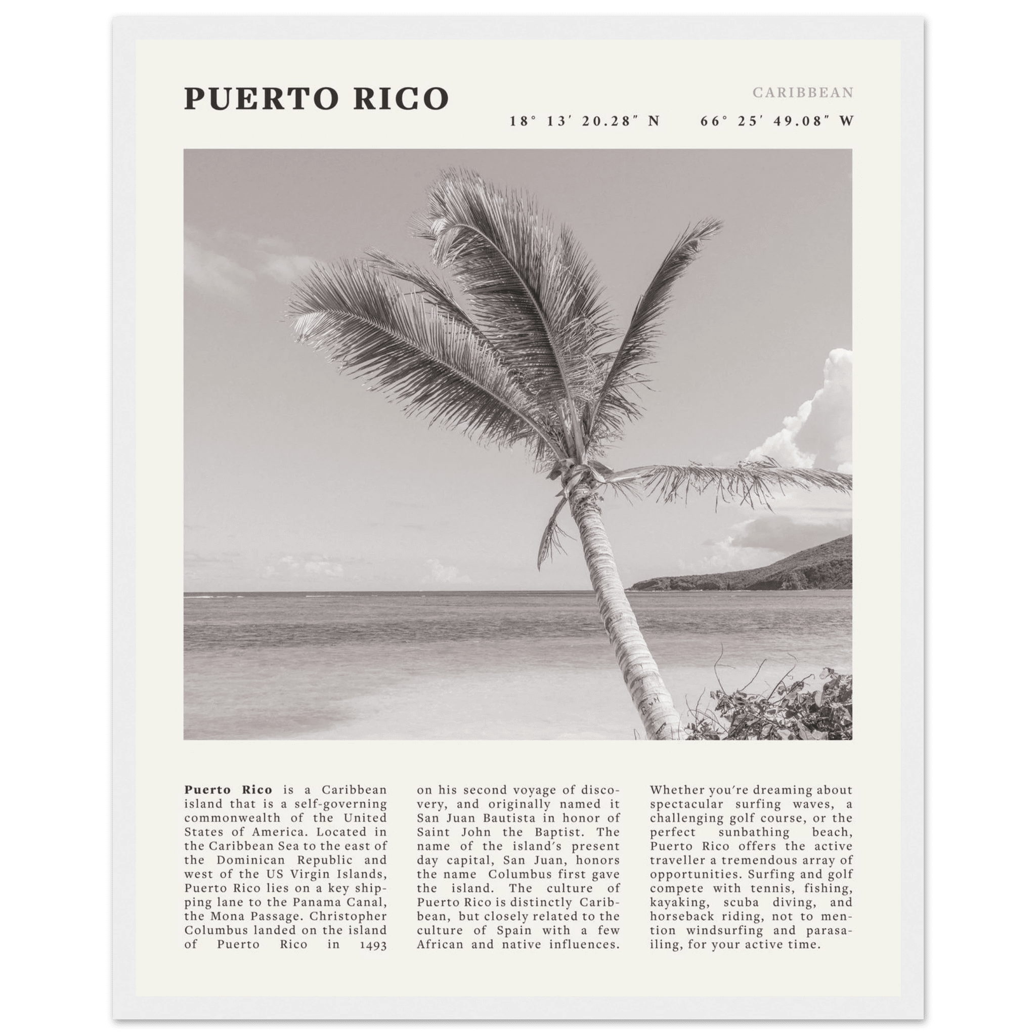 Puerto Rico Poster Black and White – Vintage Caribbean Palm Beach Print (Digital & Printed Options) - Evergreen Posters