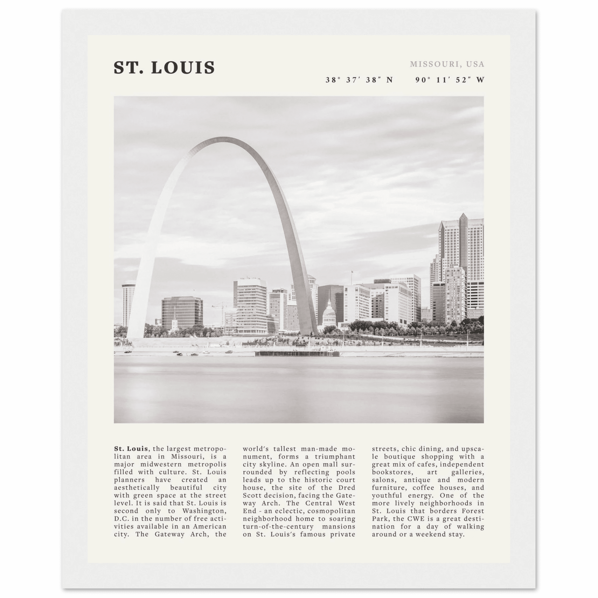 St. Louis Poster | Black & White Gateway Arch Wall Art | Missouri Travel Print - Evergreen Posters