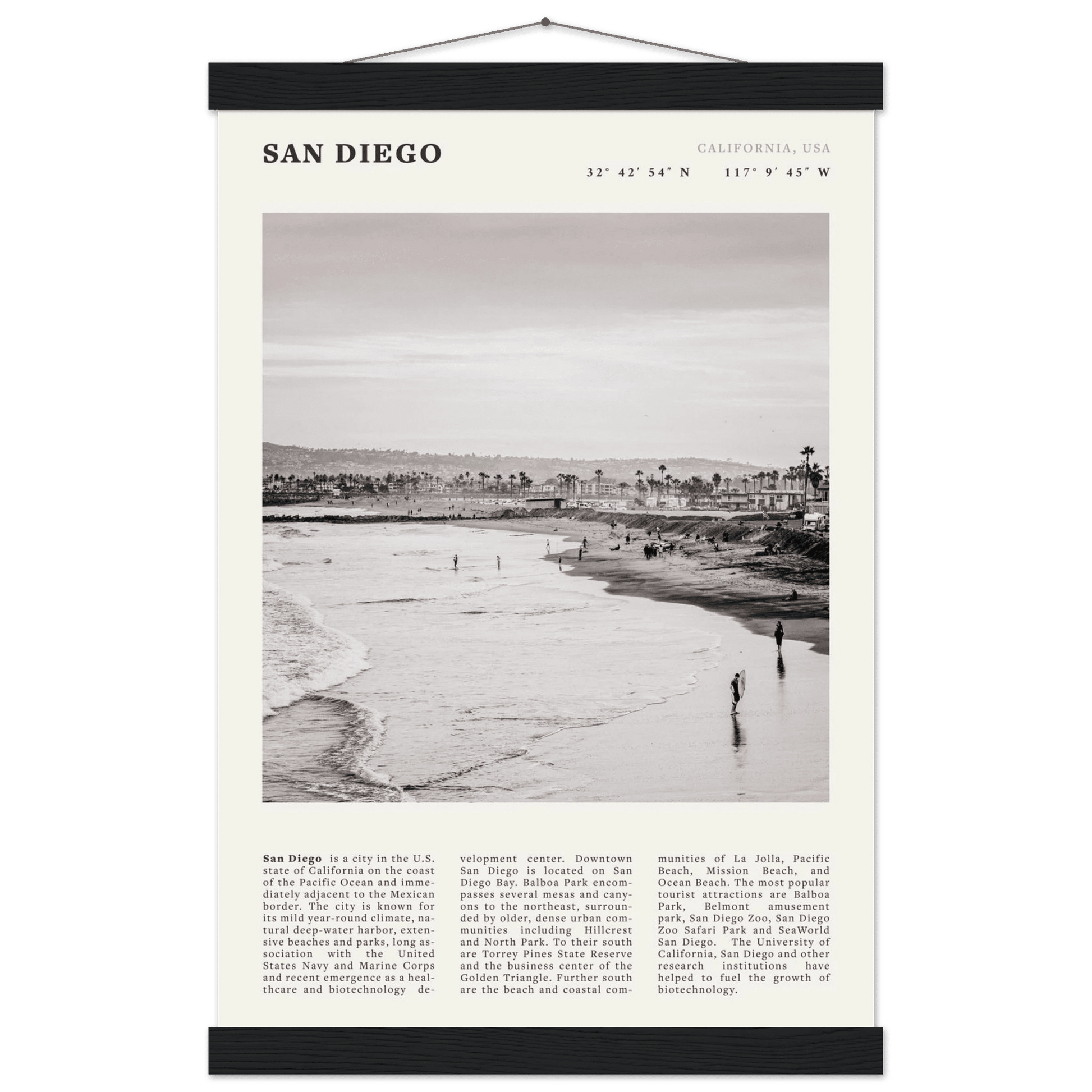 San Diego Poster | Black & White California Beach Wall Art | Coastal Travel Print Decor - Evergreen Posters