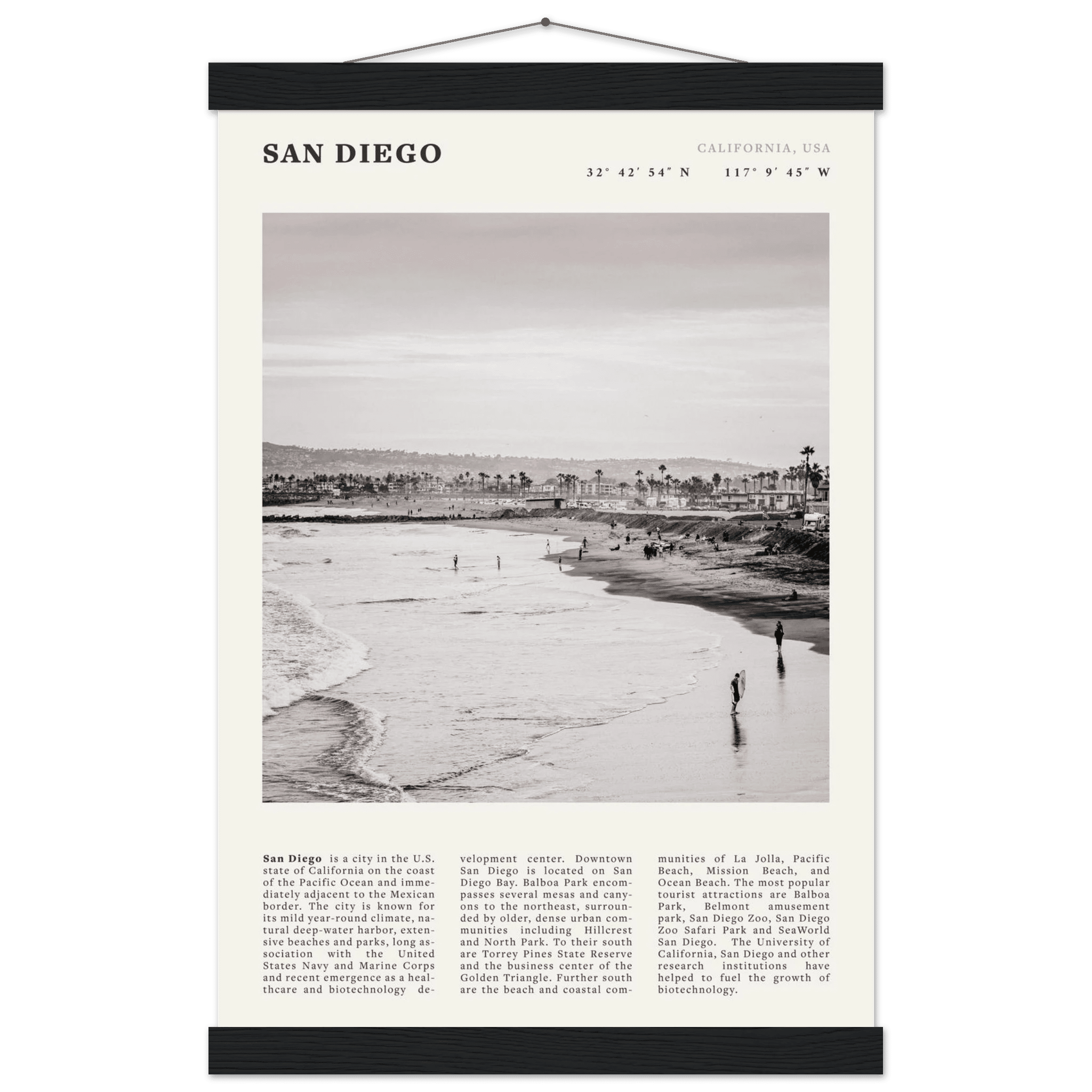 San Diego Poster | Black & White California Beach Wall Art | Coastal Travel Print Decor - Evergreen Posters