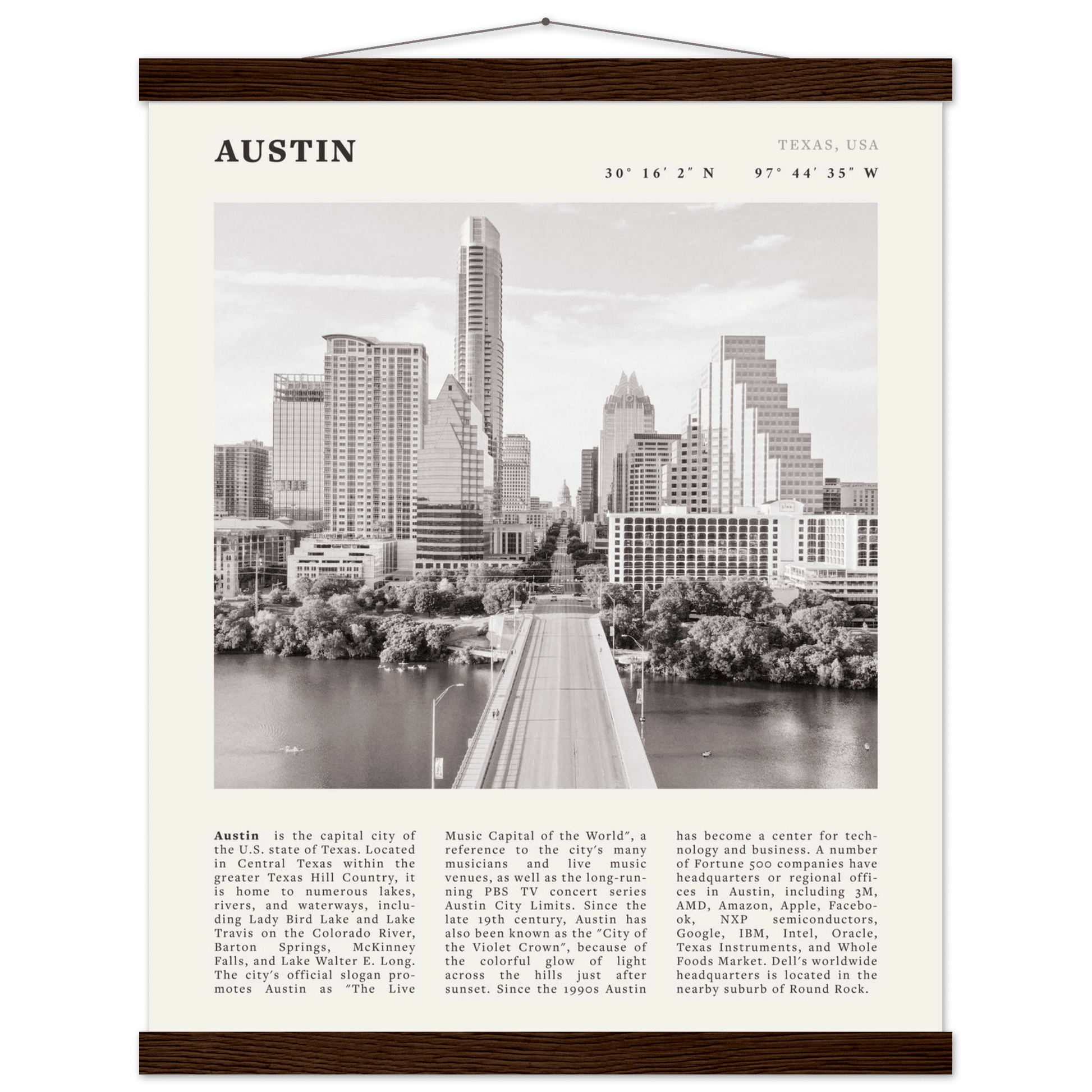 Austin Poster | Black & White Texas Skyline Wall Art | City Travel Print Decor - Evergreen Posters