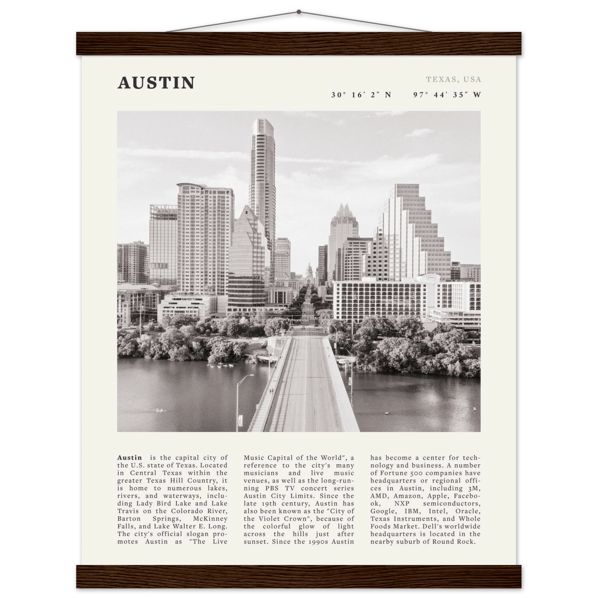 Austin Poster | Black & White Texas Skyline Wall Art | City Travel Print Decor - Evergreen Posters