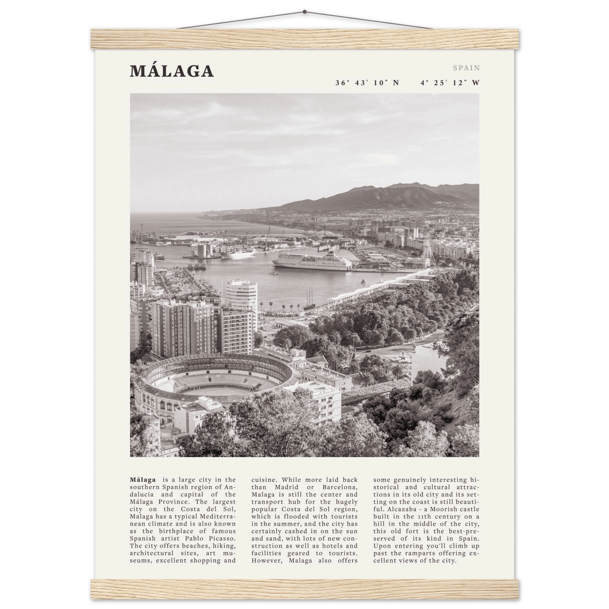 Málaga Poster | Black & White Costa del Sol Wall Art | Spain Travel Print - Evergreen Posters