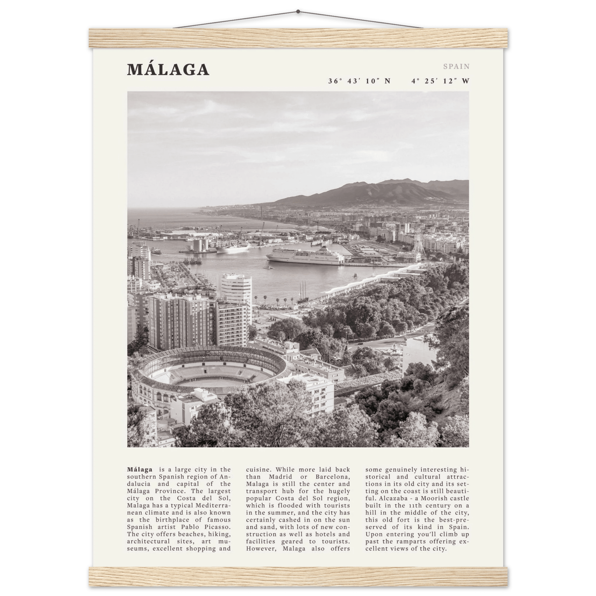 Málaga Poster | Black & White Costa del Sol Wall Art | Spain Travel Print - Evergreen Posters