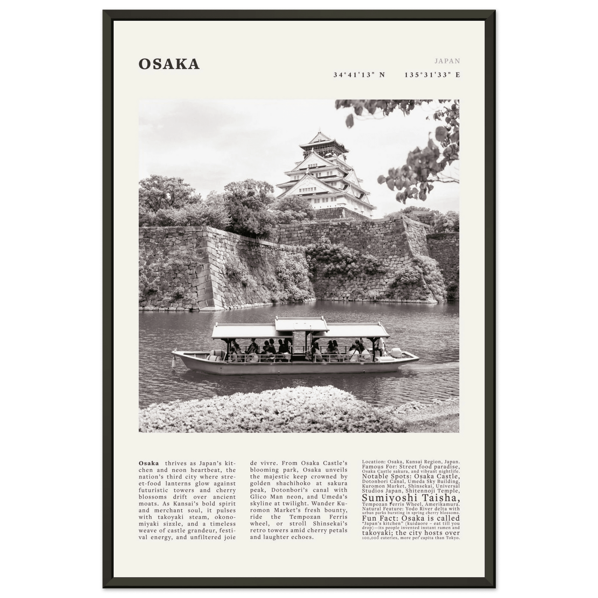 Osaka Poster Black and White – Vintage Osaka Castle Cherry Blossom Print (Digital & Printed Options) - Evergreen Posters