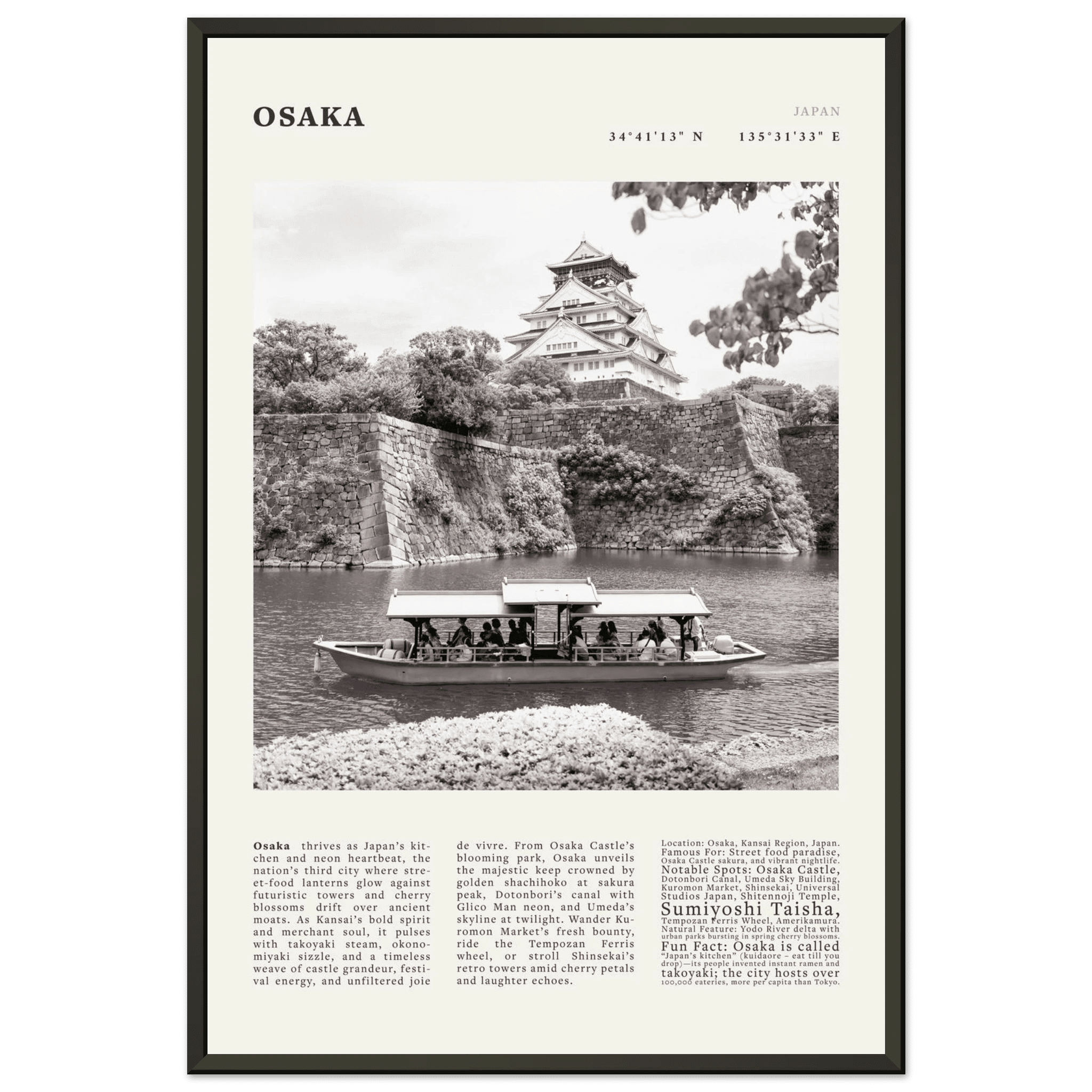 Osaka Poster Black and White – Vintage Osaka Castle Cherry Blossom Print (Digital & Printed Options) - Evergreen Posters