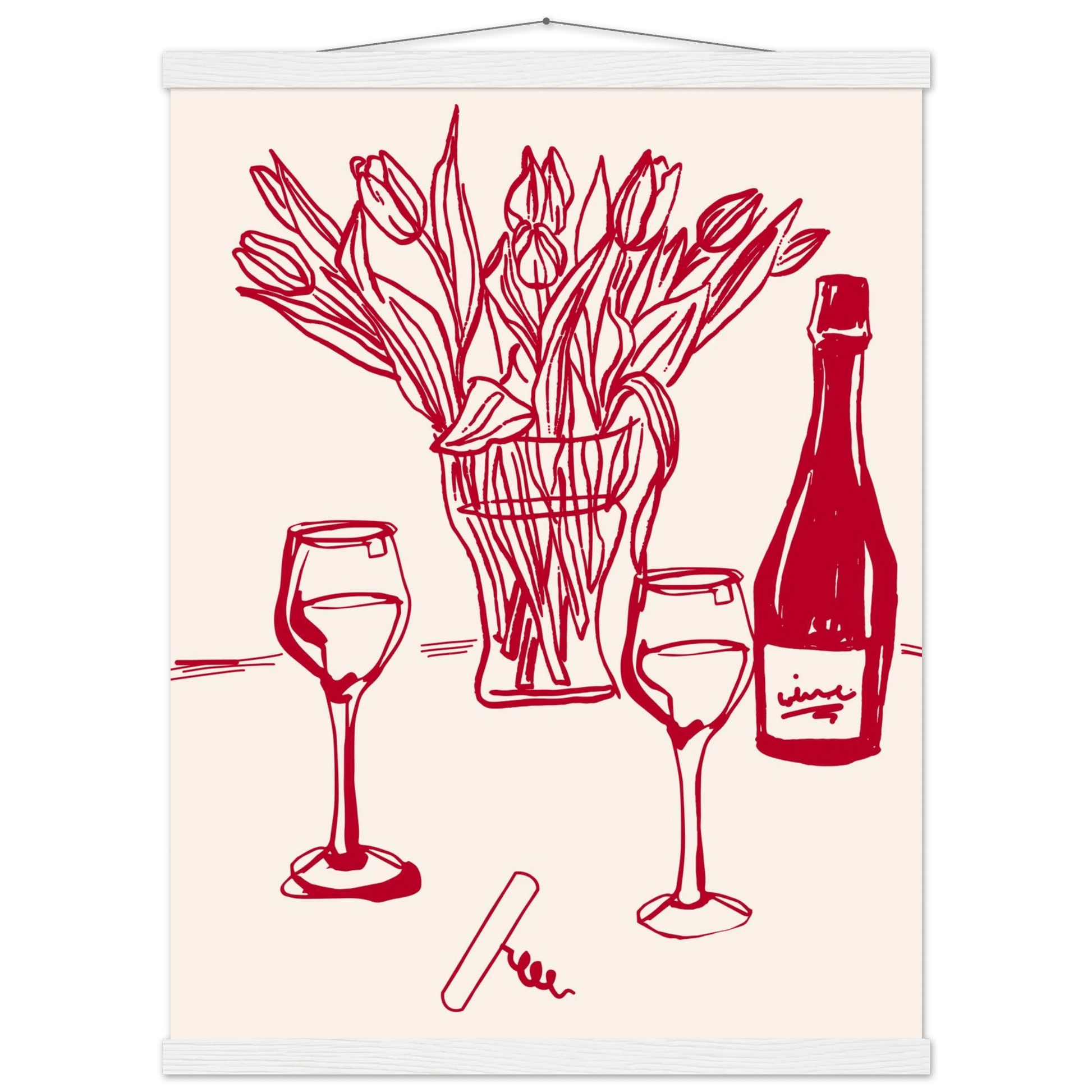 Red Wine & Tulips Print | Line Art Wine Bottle Wall Art | Kitchen Poster - Evergreen Posters