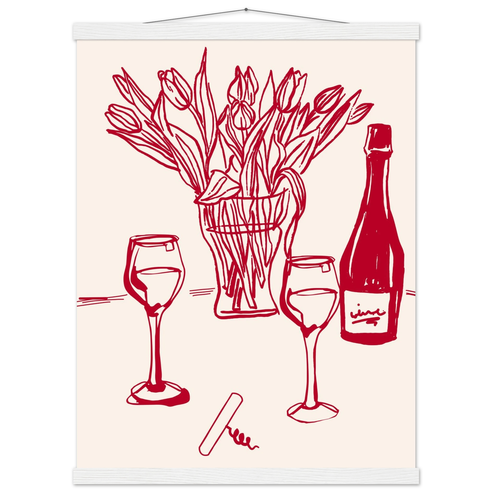 Red Wine & Tulips Print | Line Art Wine Bottle Wall Art | Kitchen Poster - Evergreen Posters