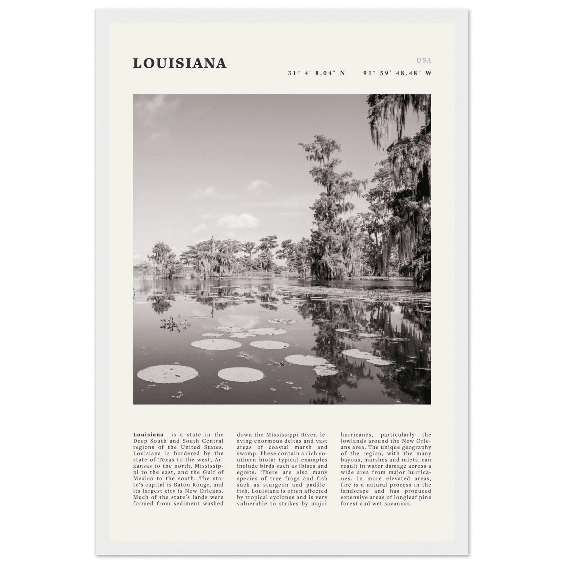 Louisiana Poster | Black & White Bayou Wall Art | Southern USA Travel Print Decor - Evergreen Posters