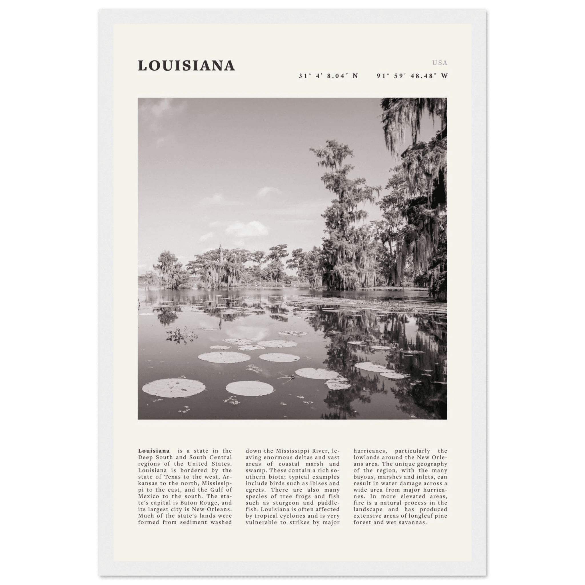 Louisiana Poster | Black & White Bayou Wall Art | Southern USA Travel Print Decor - Evergreen Posters