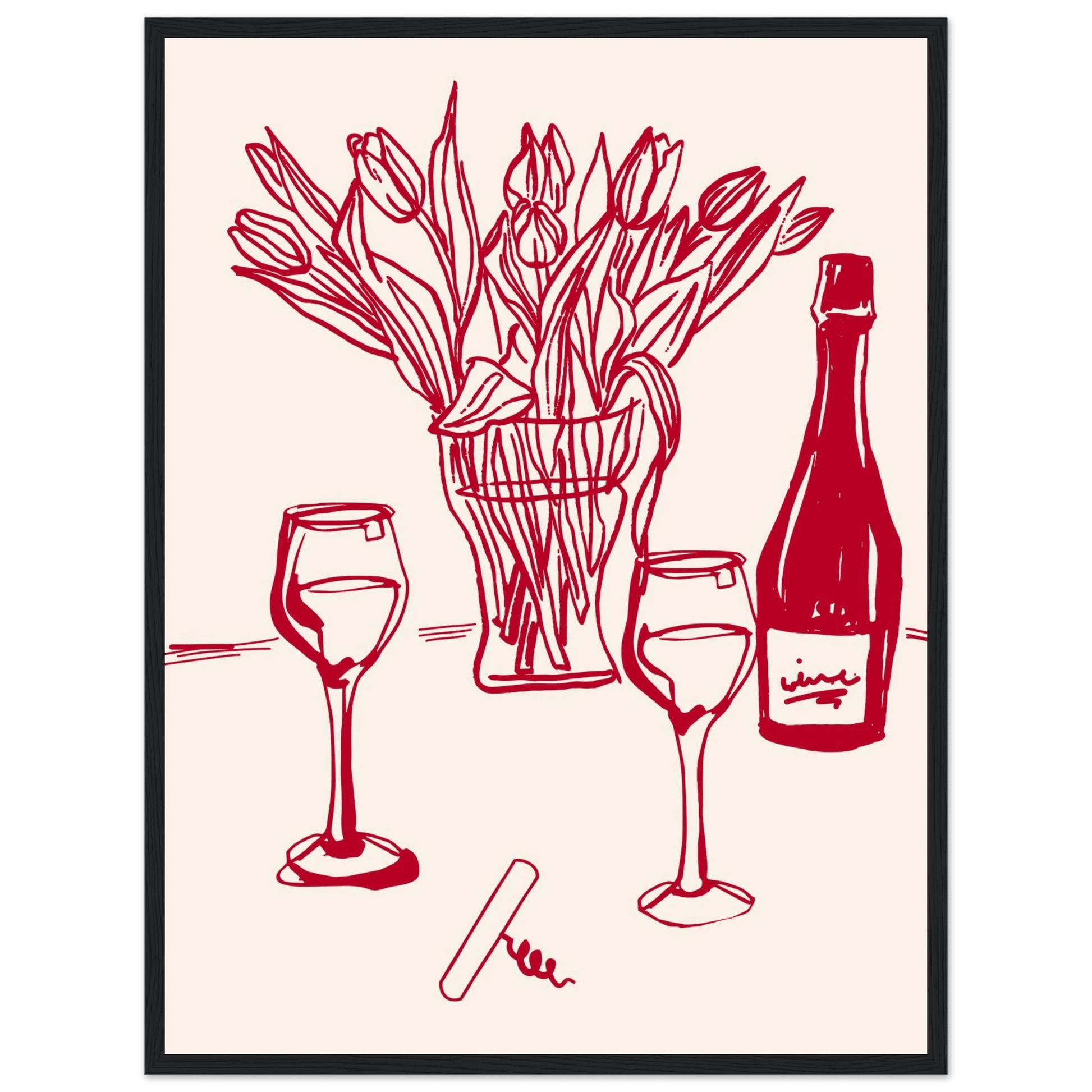 Red Wine & Tulips Print | Line Art Wine Bottle Wall Art | Kitchen Poster - Evergreen Posters