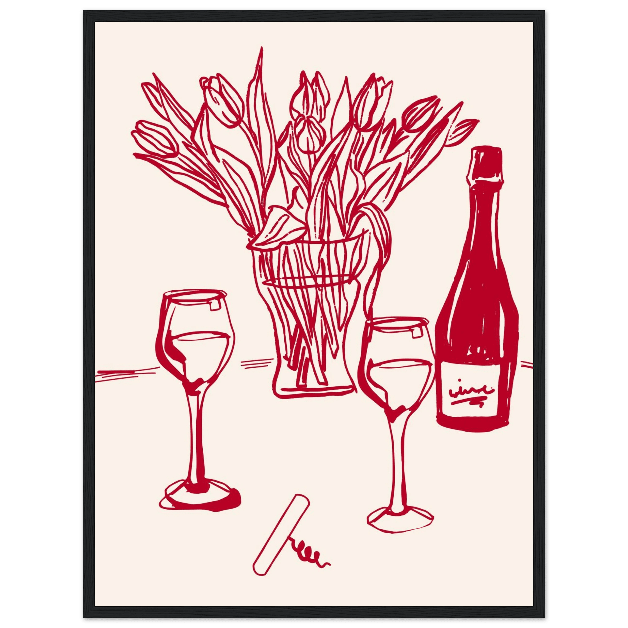 Red Wine & Tulips Print | Line Art Wine Bottle Wall Art | Kitchen Poster - Evergreen Posters
