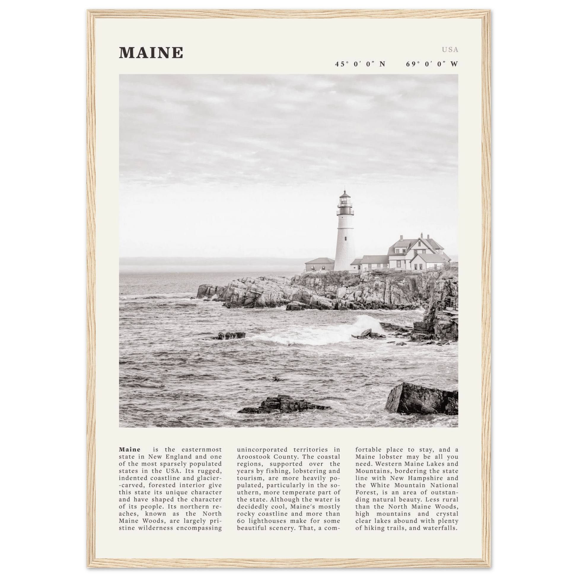 Maine Poster | Black & White Lighthouse Wall Art | New England Coastal Travel Print - Evergreen Posters