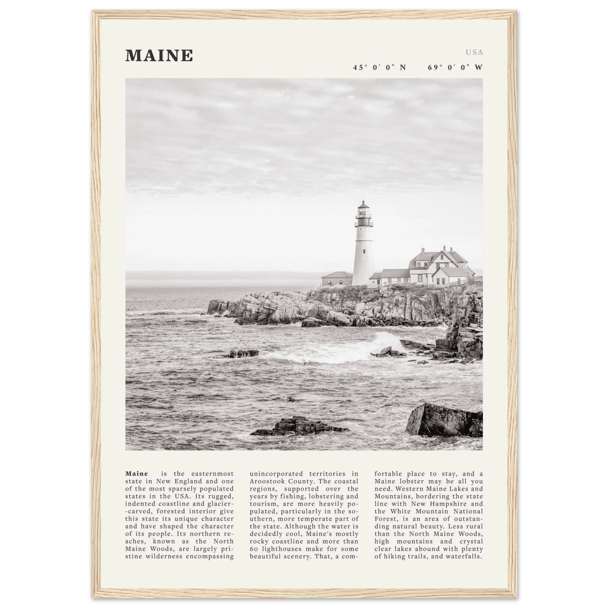Maine Poster | Black & White Lighthouse Wall Art | New England Coastal Travel Print - Evergreen Posters