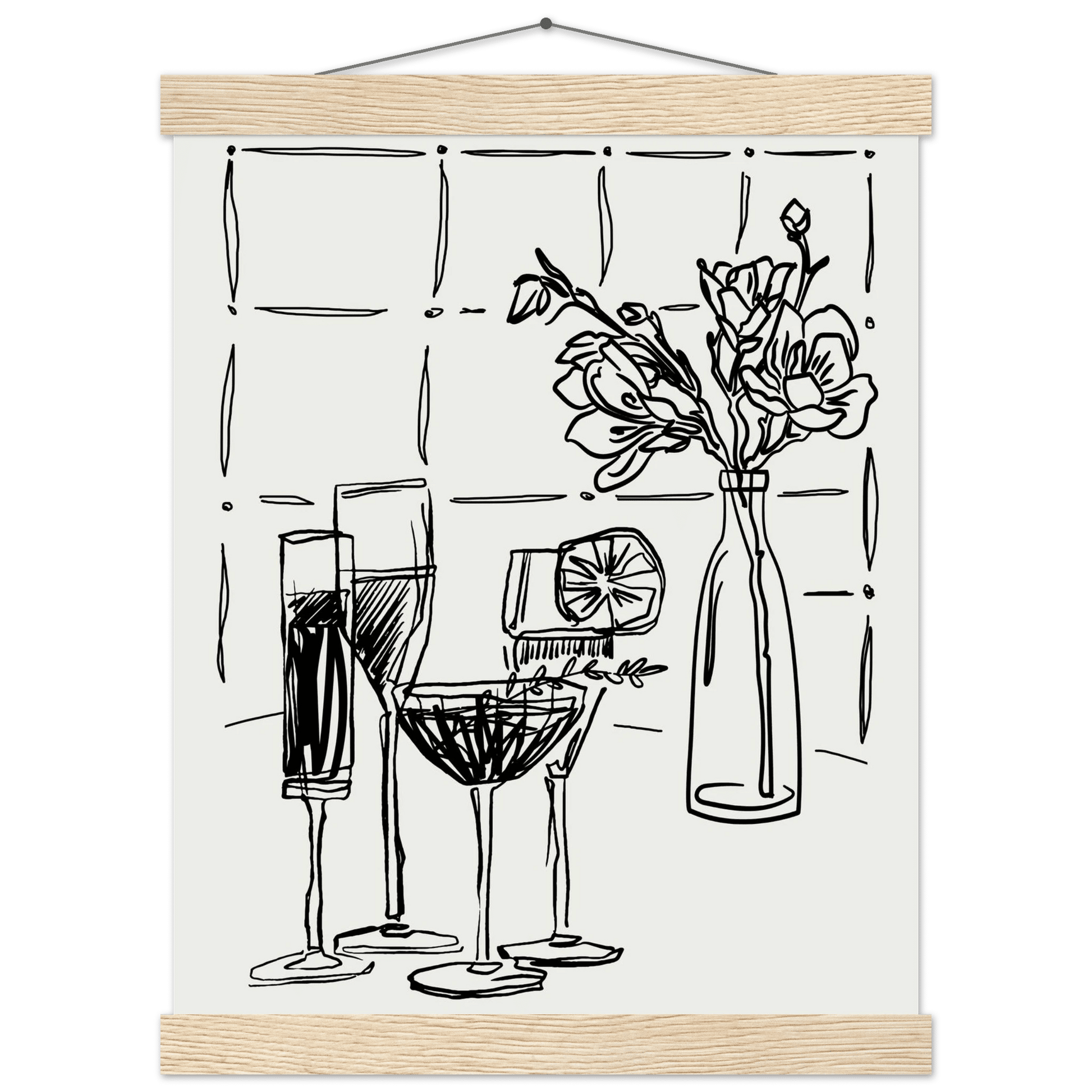 Cocktails & Flowers Print | Black Line Art Drinks Wall Art | Kitchen Bar Poster - Evergreen Posters
