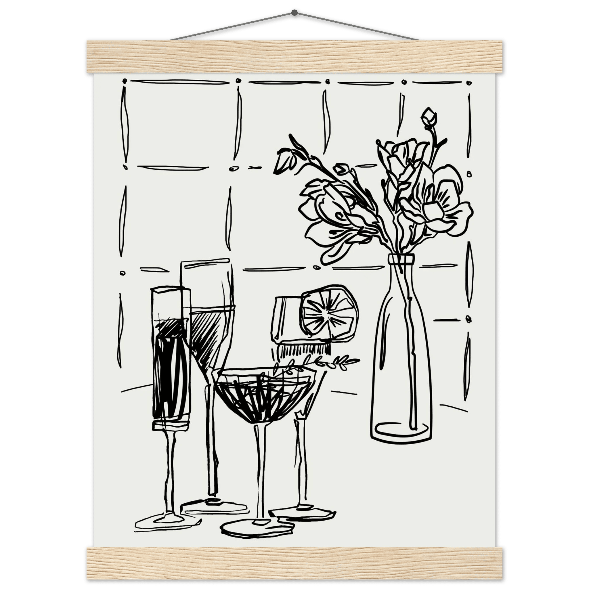 Cocktails & Flowers Print | Black Line Art Drinks Wall Art | Kitchen Bar Poster - Evergreen Posters