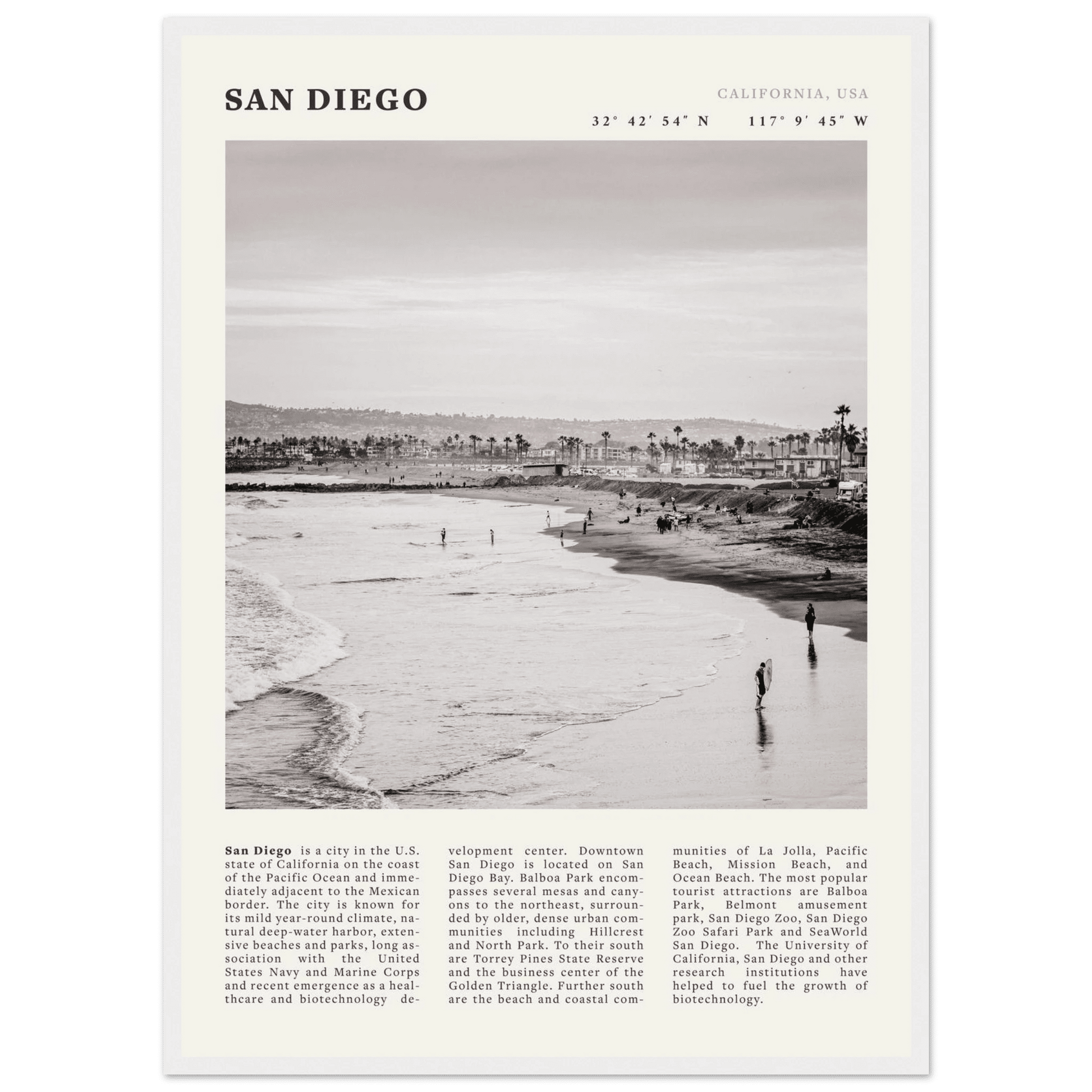San Diego Poster | Black & White California Beach Wall Art | Coastal Travel Print Decor - Evergreen Posters