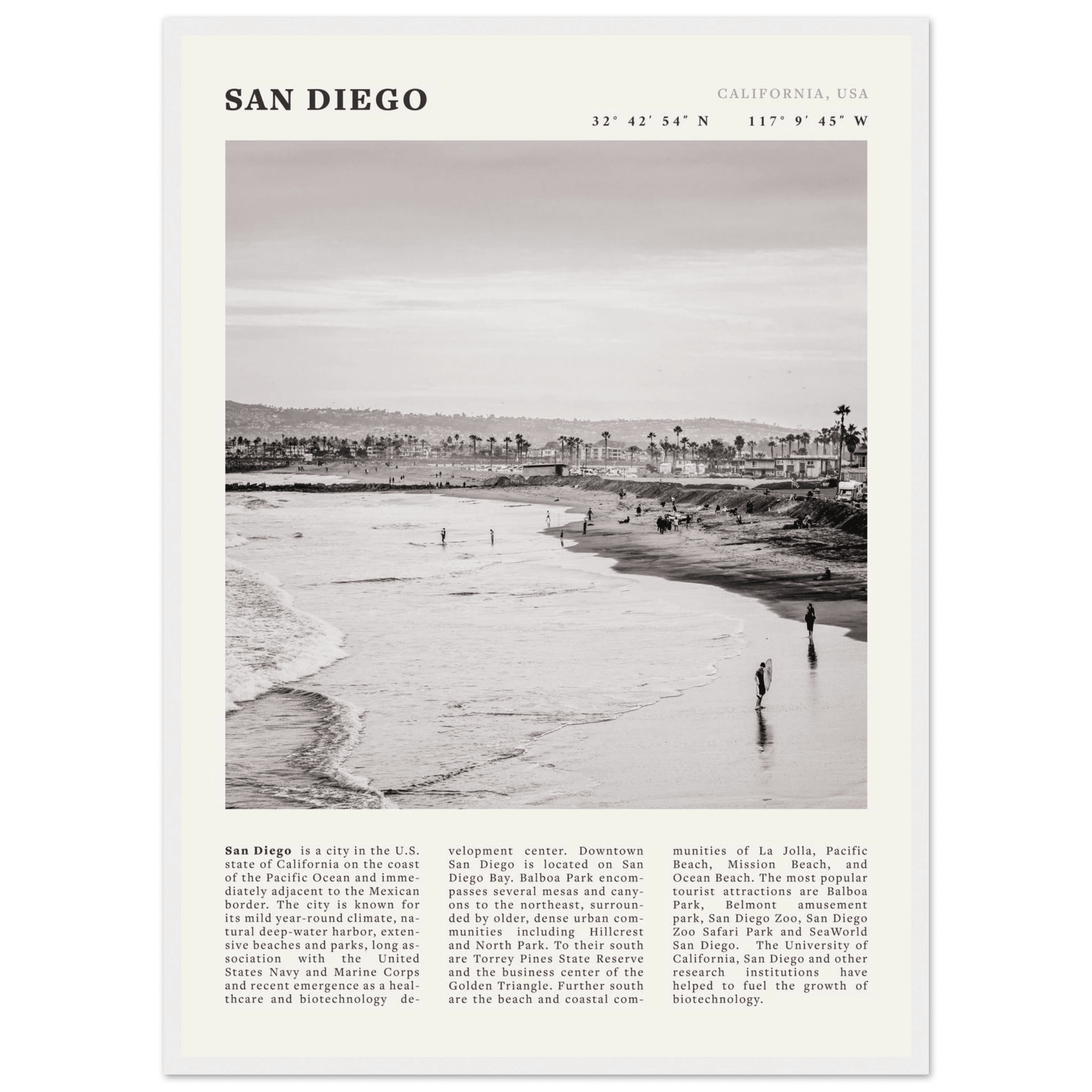 San Diego Poster | Black & White California Beach Wall Art | Coastal Travel Print Decor - Evergreen Posters