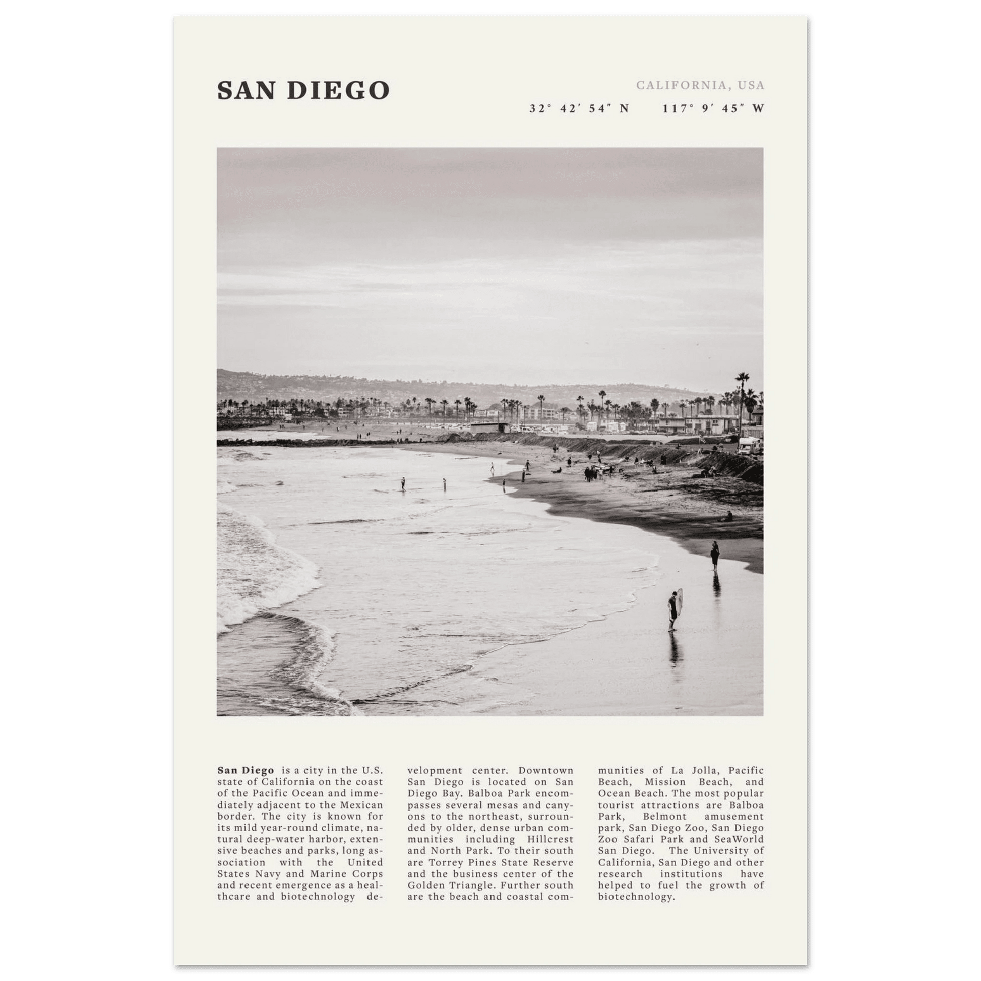 San Diego Poster | Black & White California Beach Wall Art | Coastal Travel Print Decor - Evergreen Posters