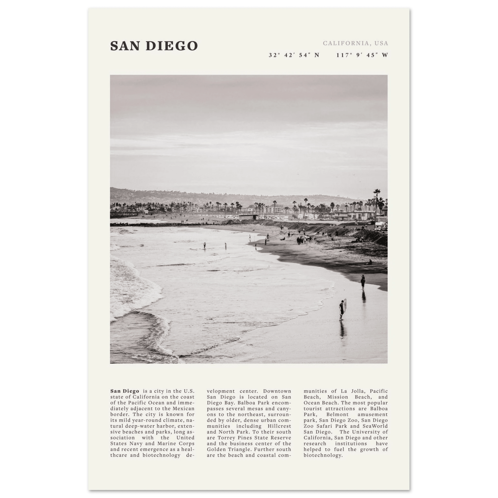 San Diego Poster | Black & White California Beach Wall Art | Coastal Travel Print Decor - Evergreen Posters