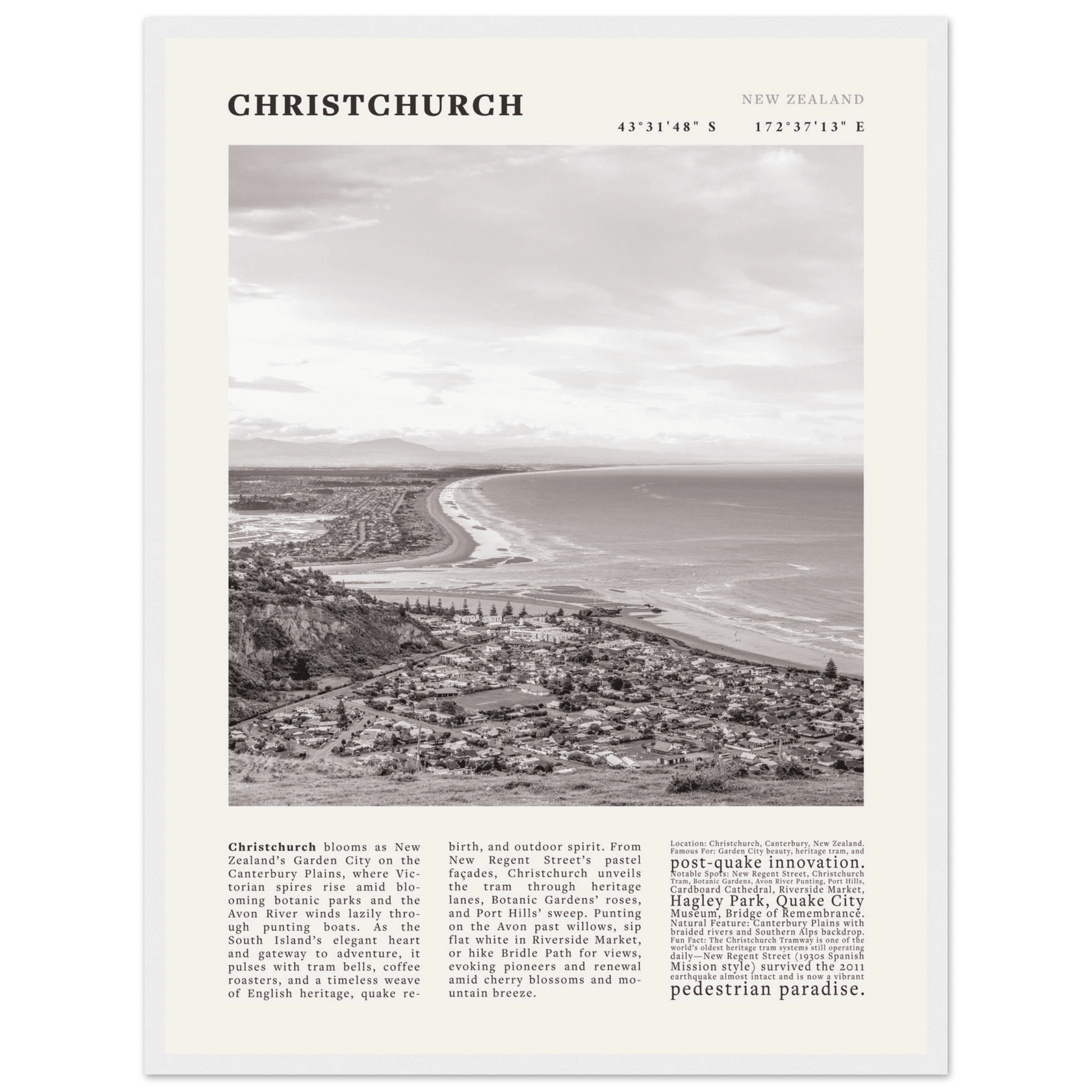 Christchurch New Zealand Poster Black and White – Vintage Garden City Panorama Print - Evergreen Posters