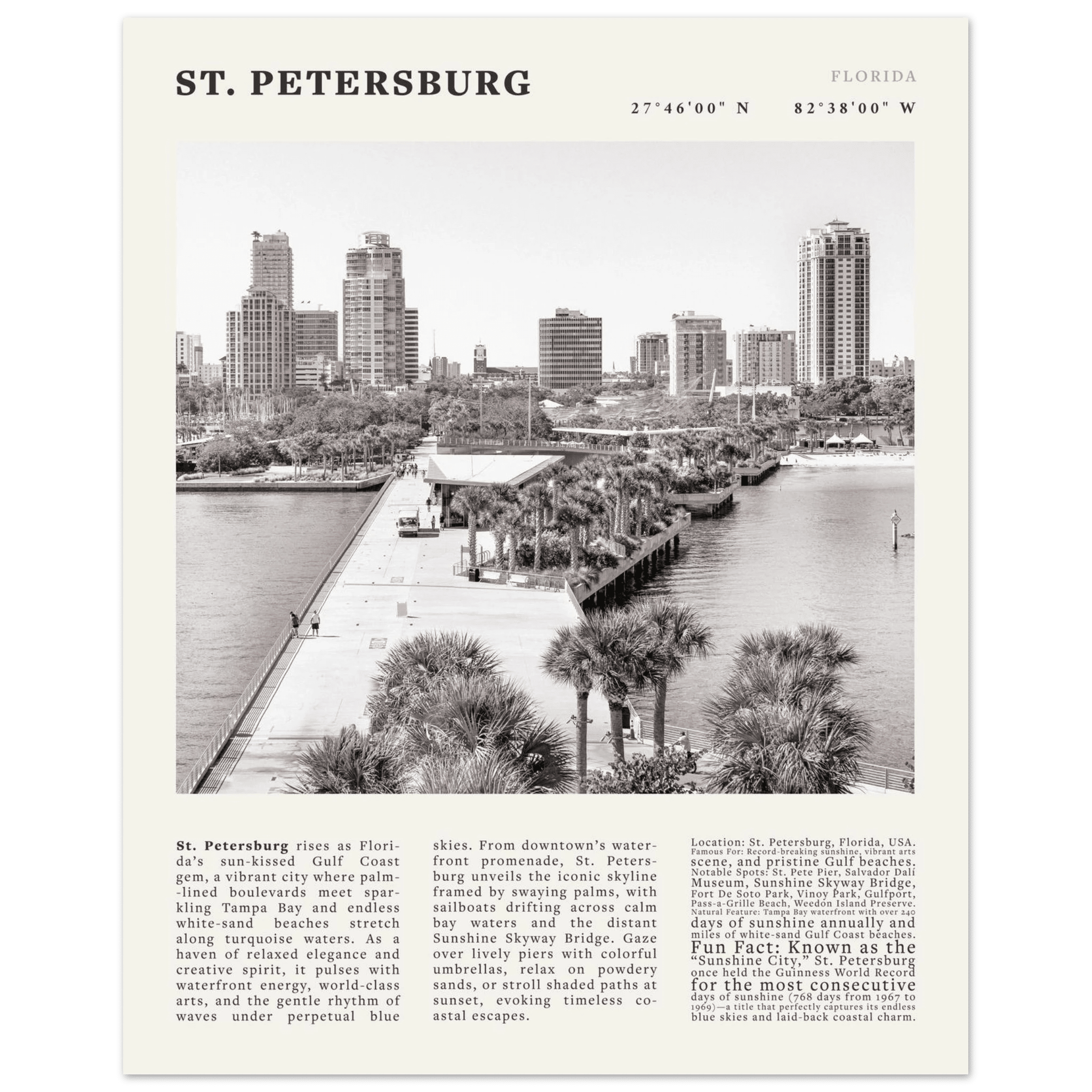 St. Petersburg Florida Poster Black and White – Vintage St Pete Skyline Print (Digital & Printed Options) - Evergreen Posters