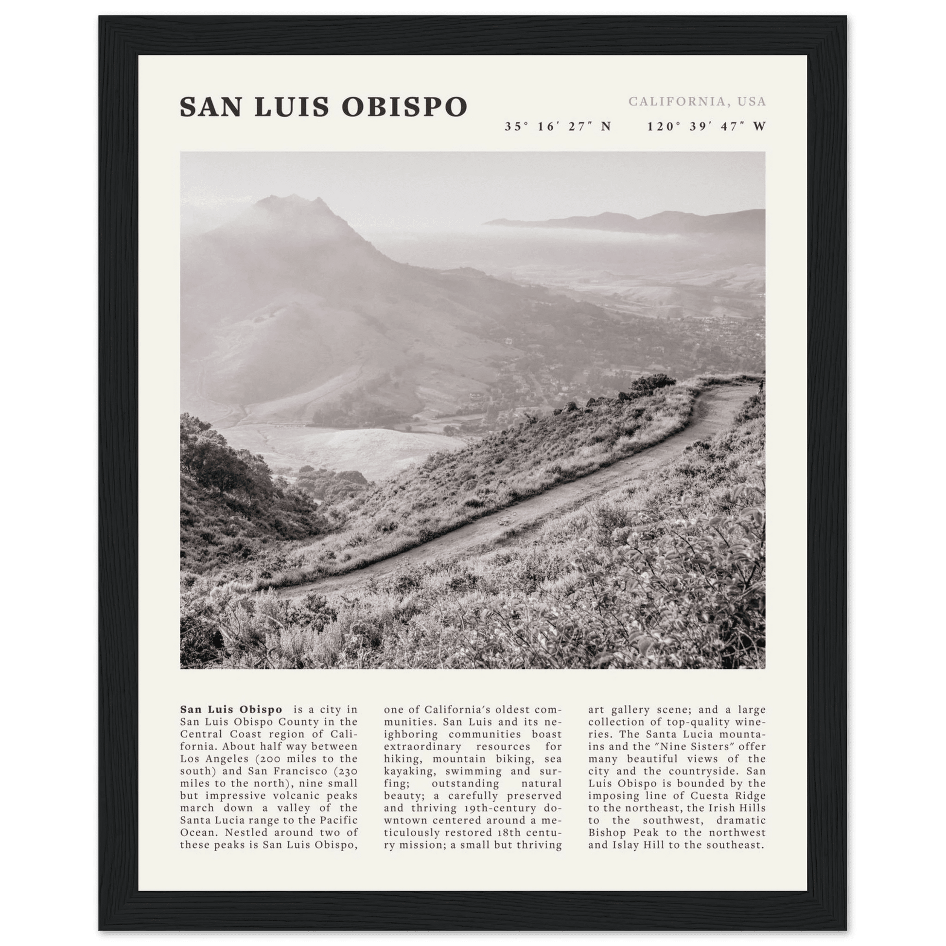 San Luis Obispo Poster | Black & White California Wall Art | SLO Travel Print - Evergreen Posters