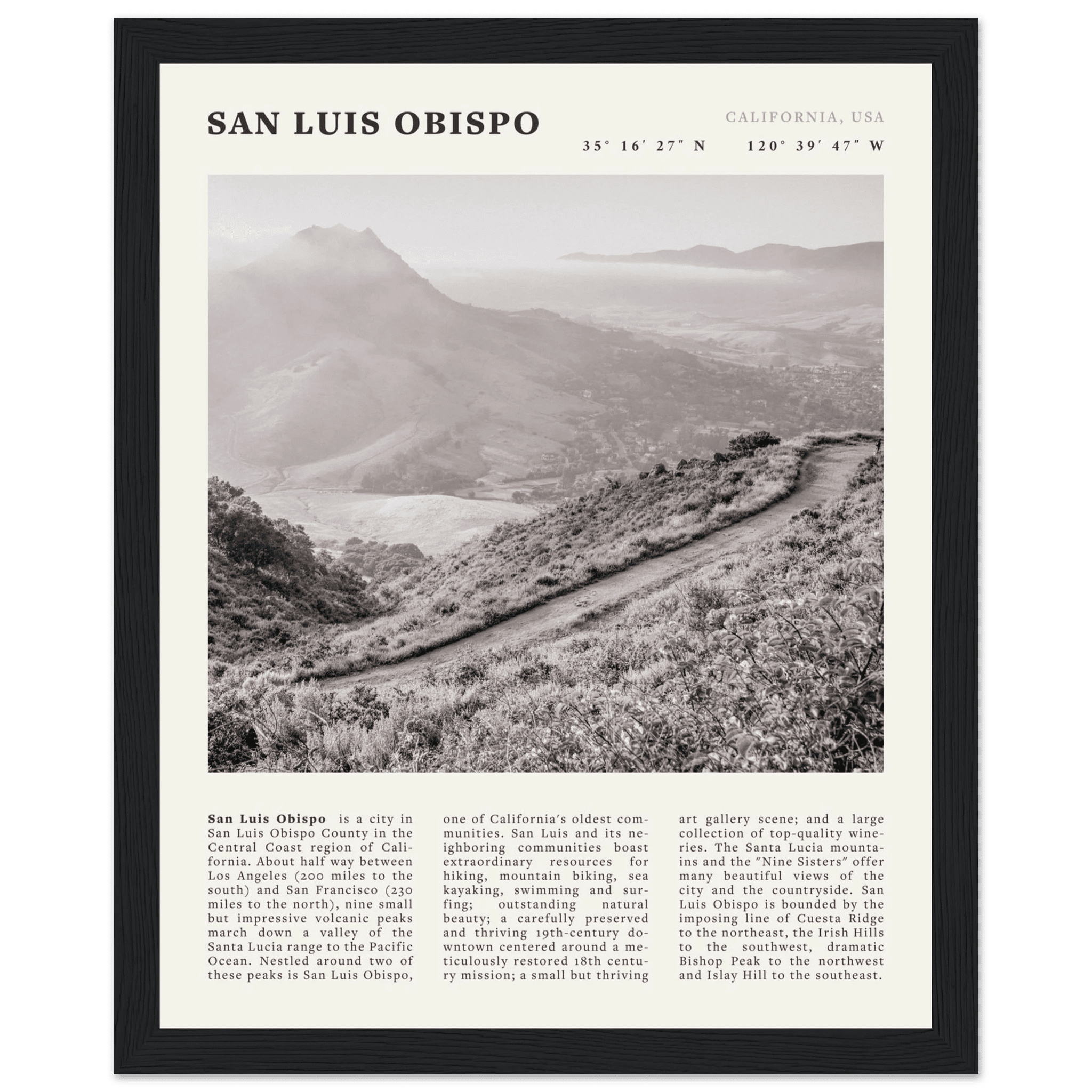 San Luis Obispo Poster | Black & White California Wall Art | SLO Travel Print - Evergreen Posters