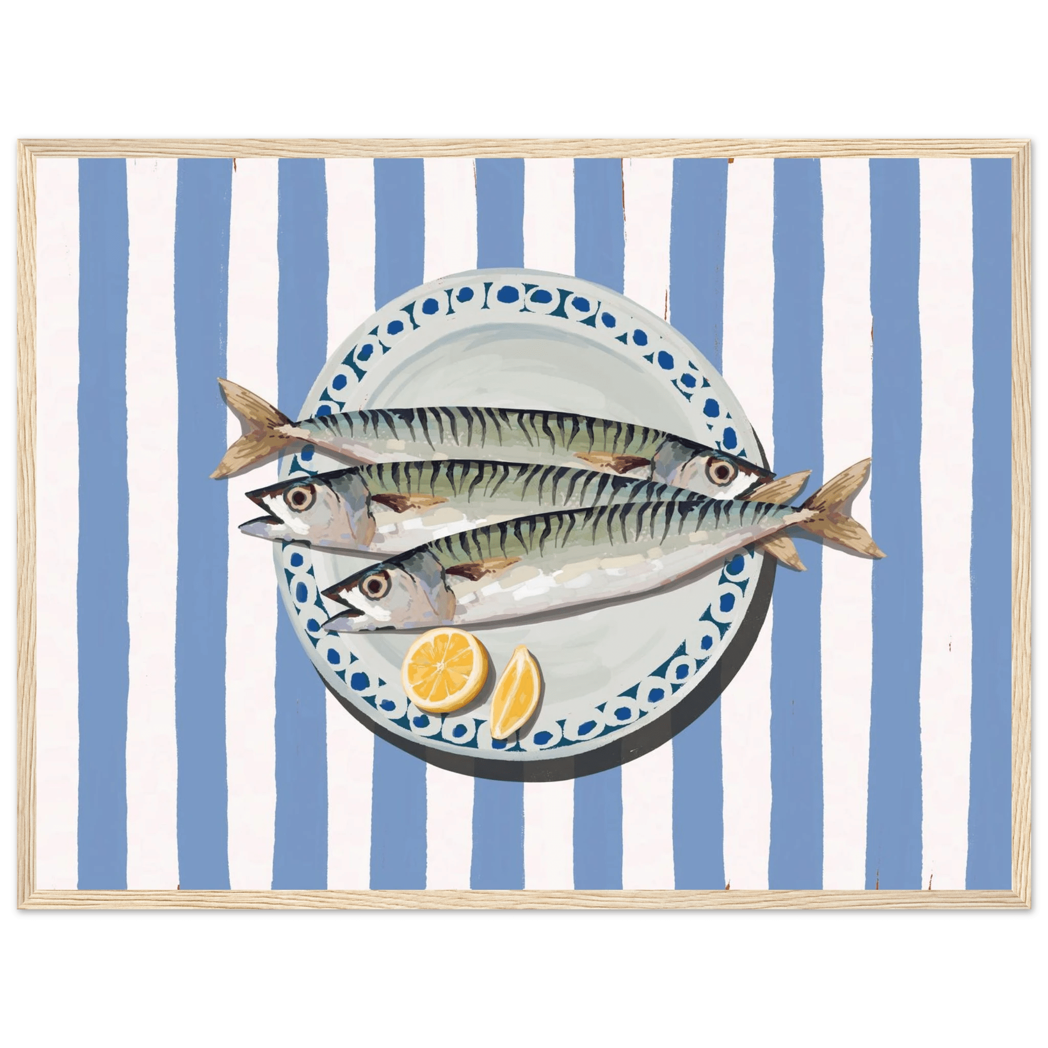Sardines Print | Blue Stripe Fish Kitchen Wall Art | Coastal Food Poster - Evergreen Posters