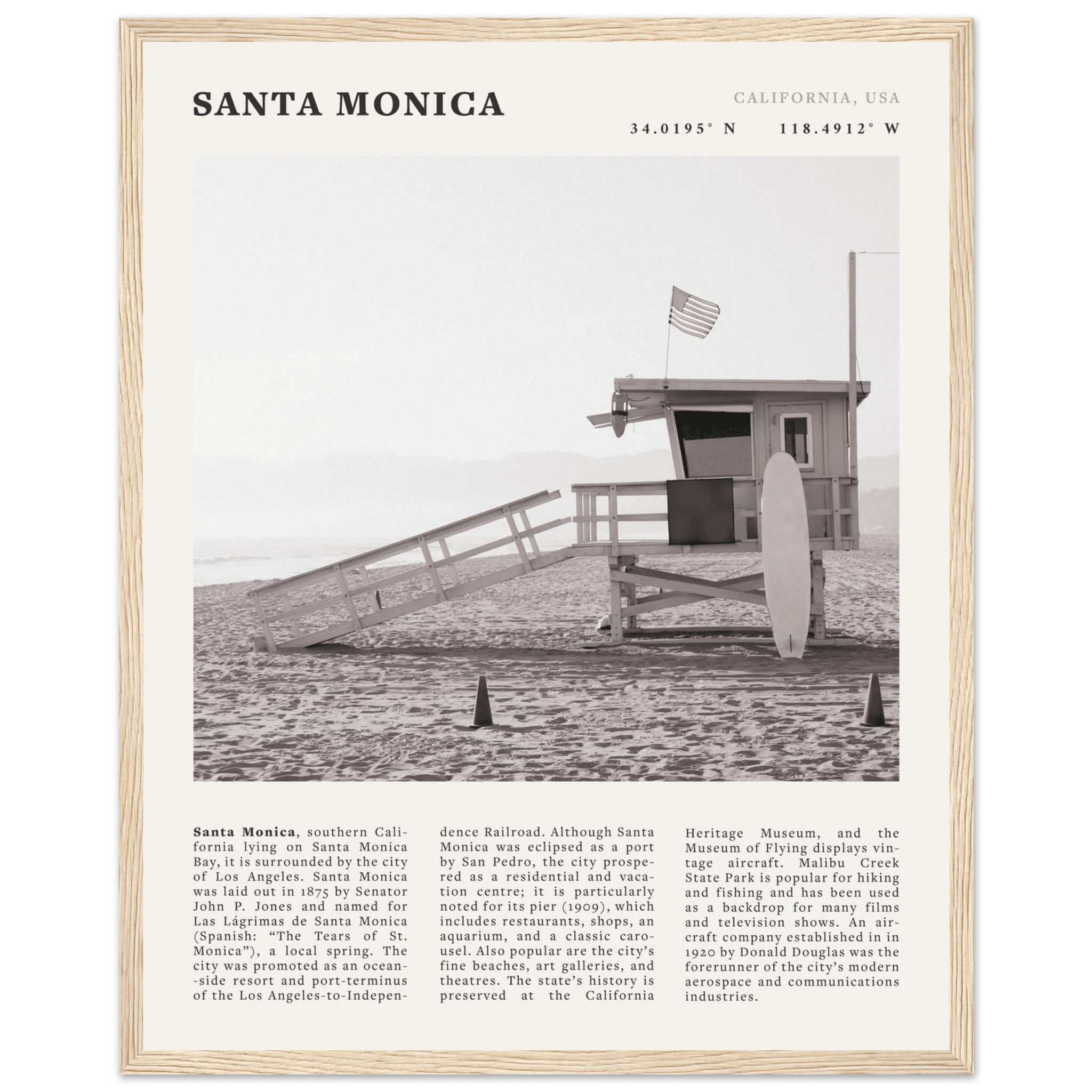 Santa Monica Poster | Black & White California Wall Art | Beach Travel Print | Coastal Decor - Evergreen Posters
