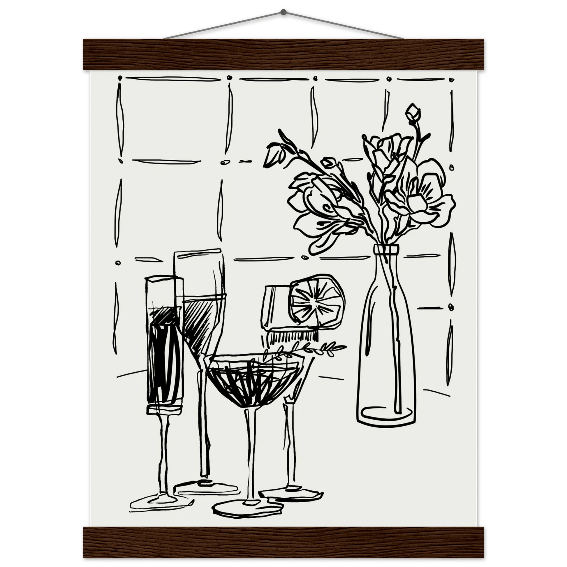 Cocktails & Flowers Print | Black Line Art Drinks Wall Art | Kitchen Bar Poster - Evergreen Posters