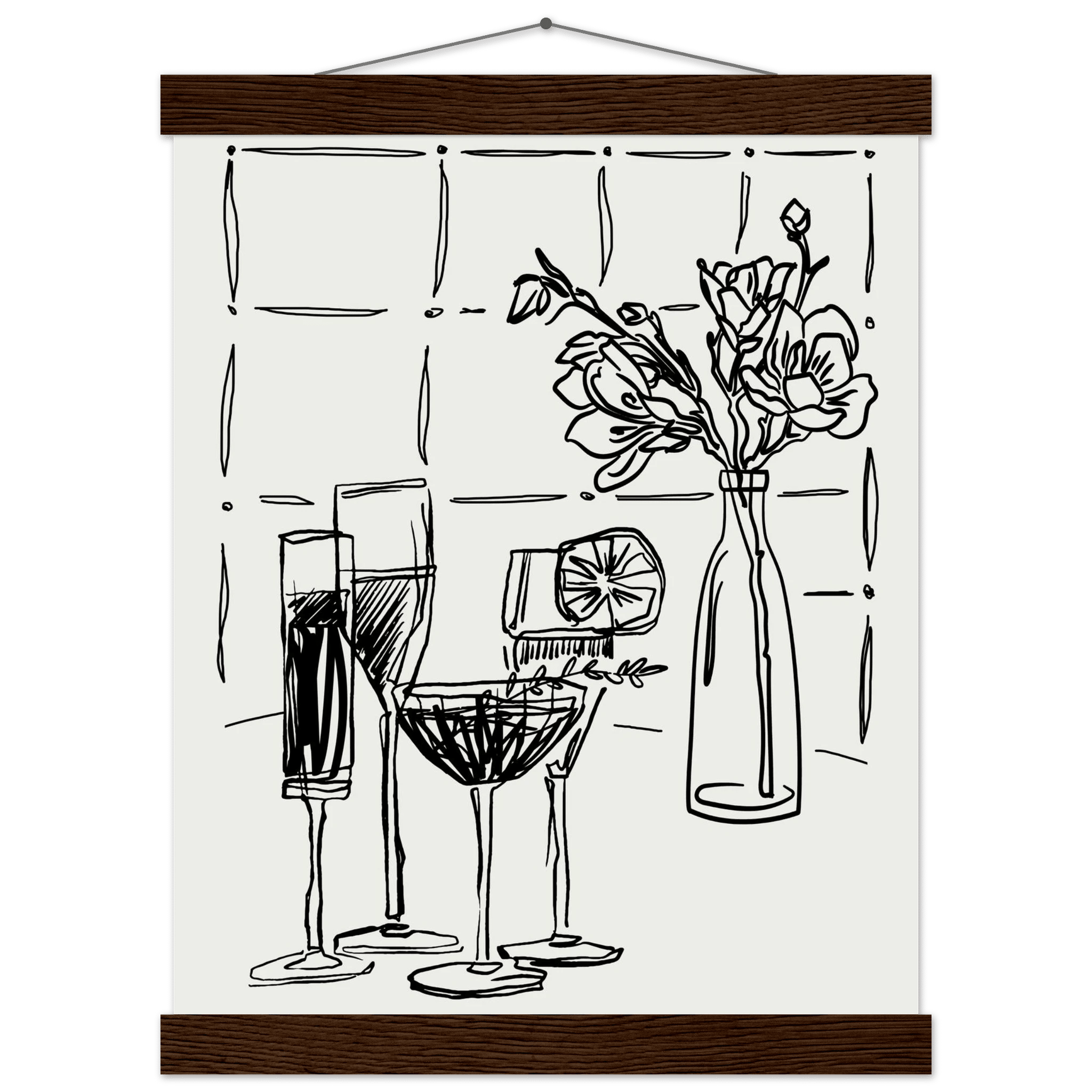 Cocktails & Flowers Print | Black Line Art Drinks Wall Art | Kitchen Bar Poster - Evergreen Posters